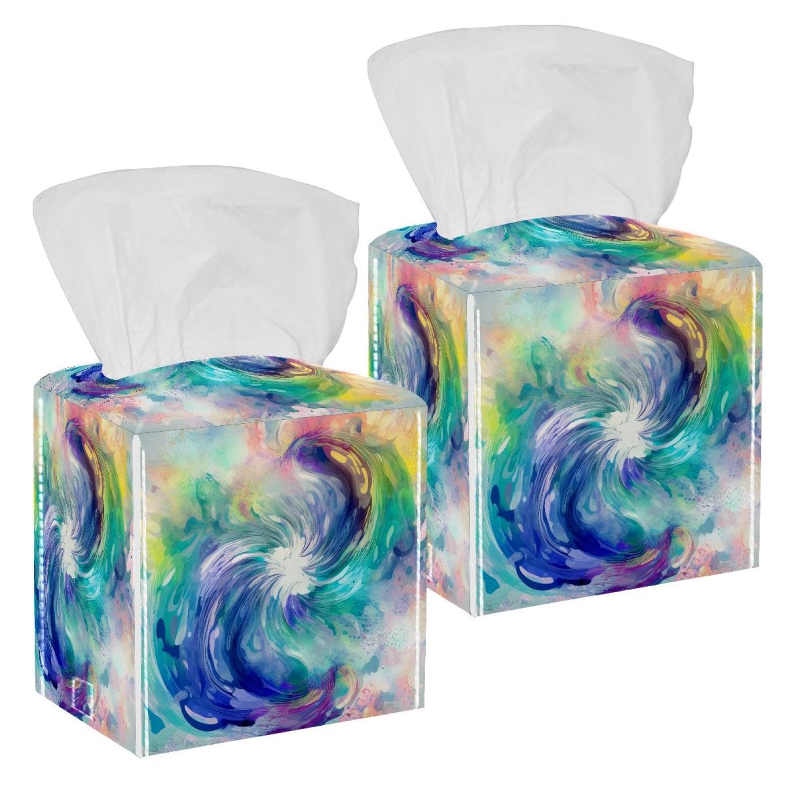 Artistic Swirls Tissue Box Cover, 2 Pack PU Leather Square Facial Tissue Dispenser Box holder for Home Office Car