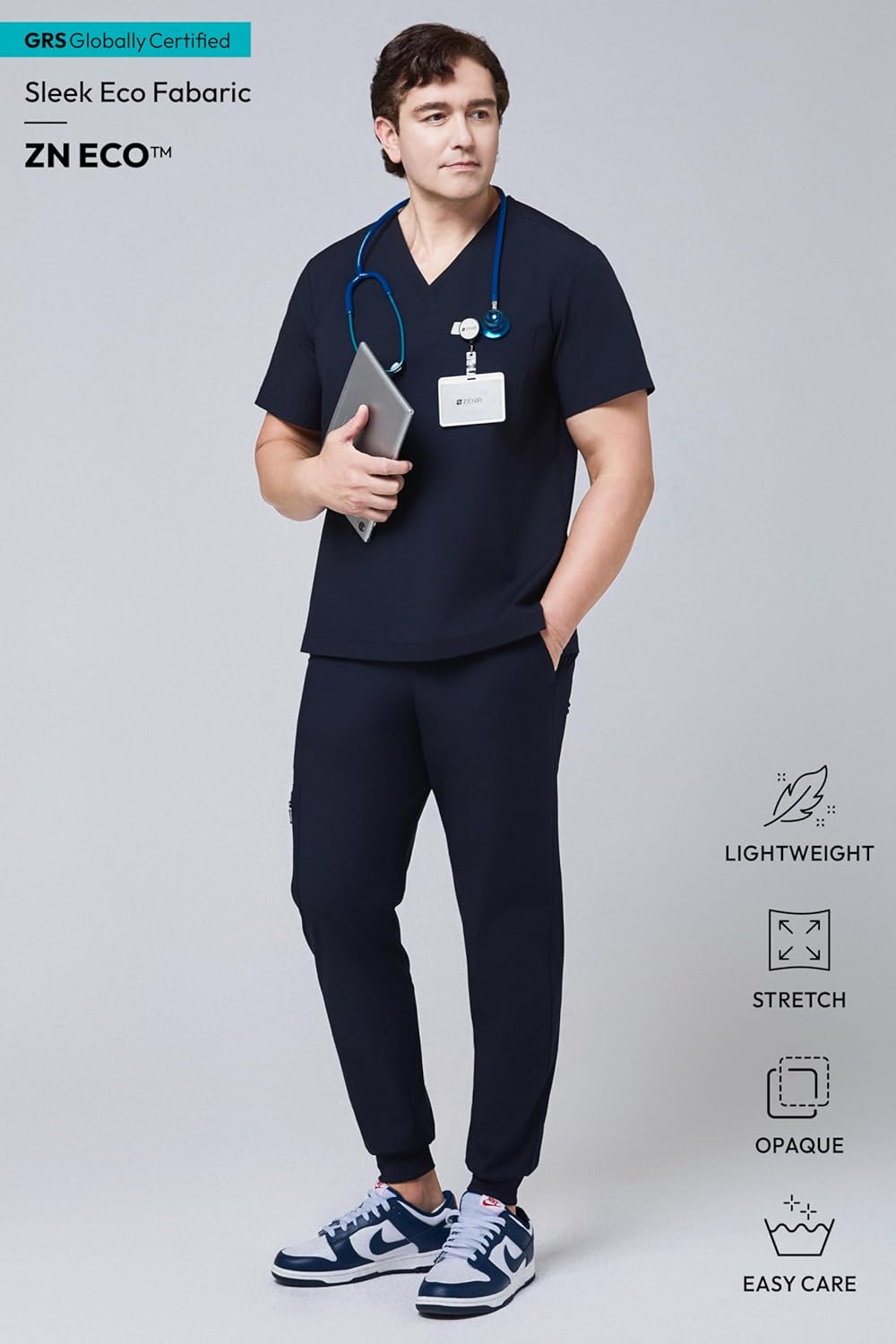 Men's Single Pocket Top and Zipper Pocket Jogger Pants Scrub Sets - Eco Navy