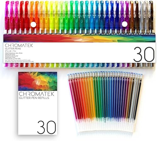 CHROMATEK Juego de 60 bolígrafos con purpurina de los mejores colores. 200% de tinta 30 bolígrafos de gel, 30 repuestos. Colores súper brillantes