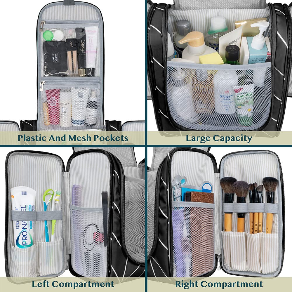 PAVILIA Large Hanging Toiletry Bag for Women Men, Travel Toiletry Bag Organizer for Toiletries, Cosmetics, Makeup Bag with Mesh, Water Resistant Pockets (Black Chevron)