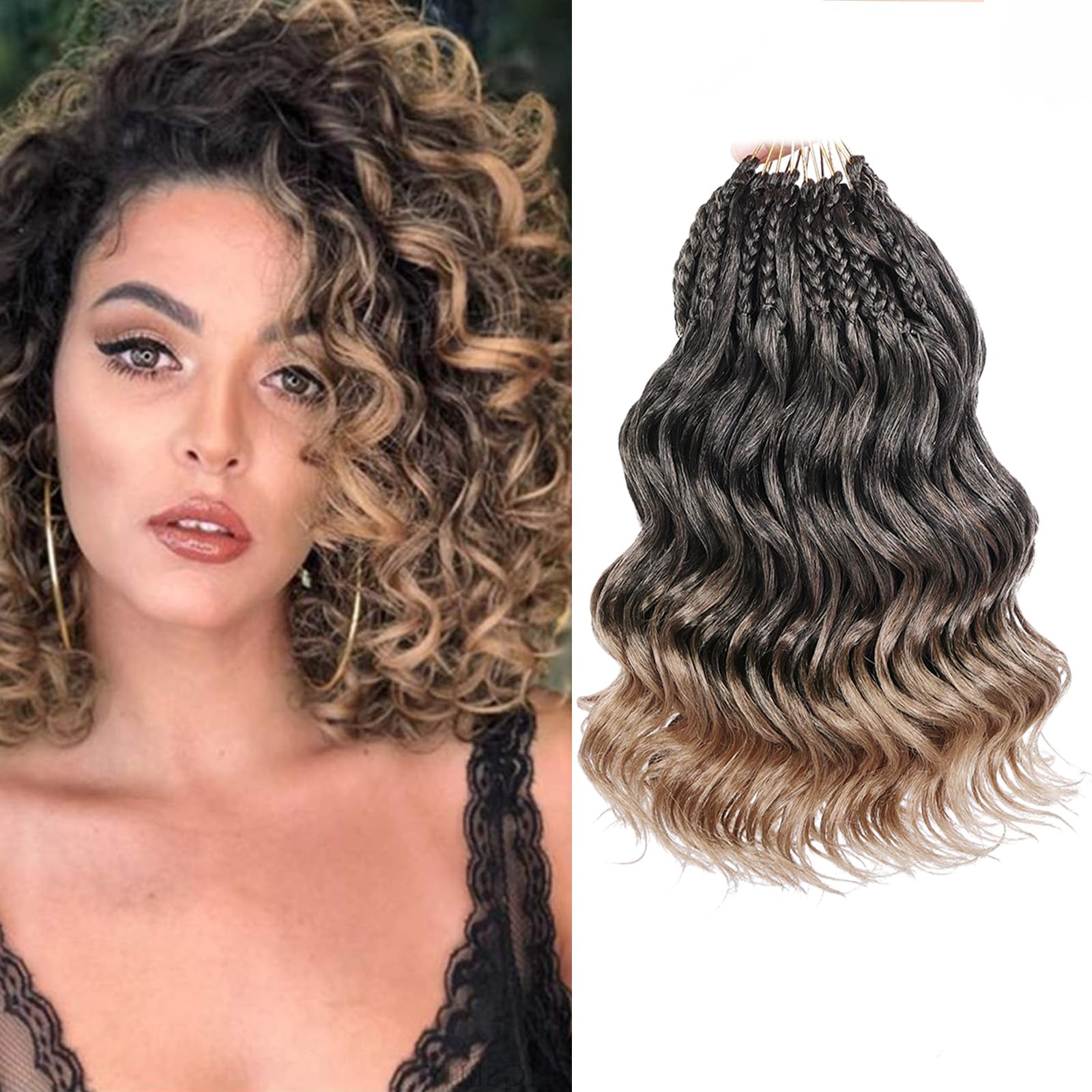 Leeven 10 Inch 8 Packs Ocean Wave Crochet Hair Pre Looped Ombre Honey Blonde Boho Curly Crochet Hair Short Ocean Braids Pre Twisted Synthetic Deep
