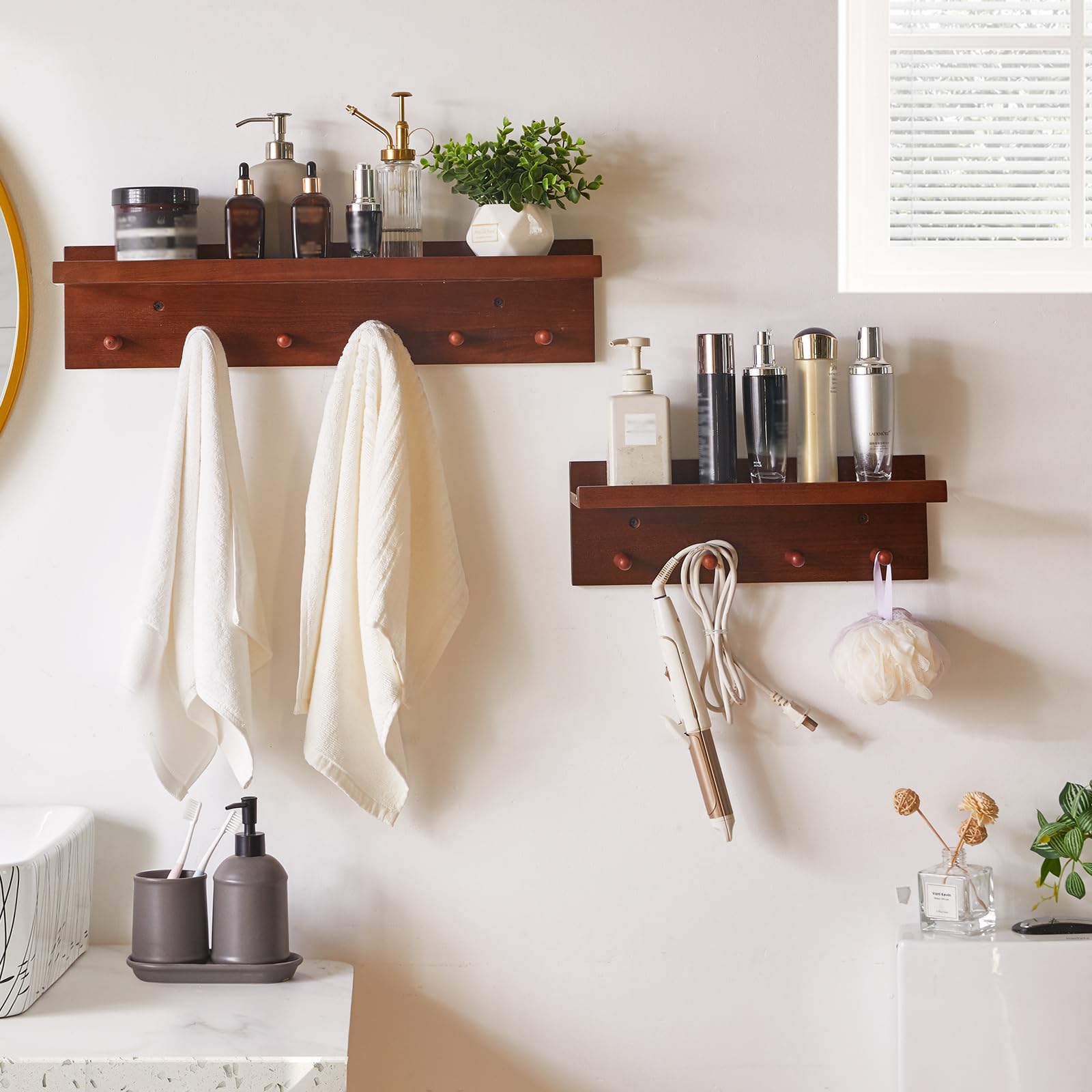 Aibiju Appendiabiti da Parete con Mensola 40 cm, Ganci da Parete in Legno con Contenitore, per Ingresso, Bagno, Cucina, colore Noce YD-WS0240H