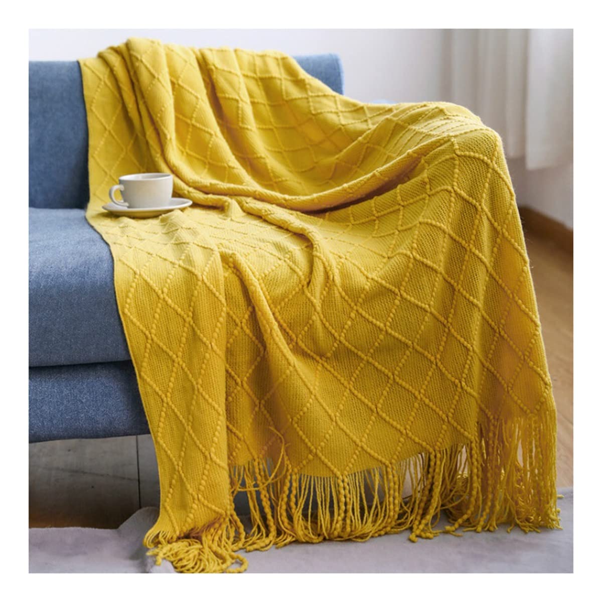 Bed Throws Textile City Cashmere-Like Knitted Sofa Throw Blanket Tassel Bedspread Blankets & Throws (Color : Gold, Size : 130x230cm)