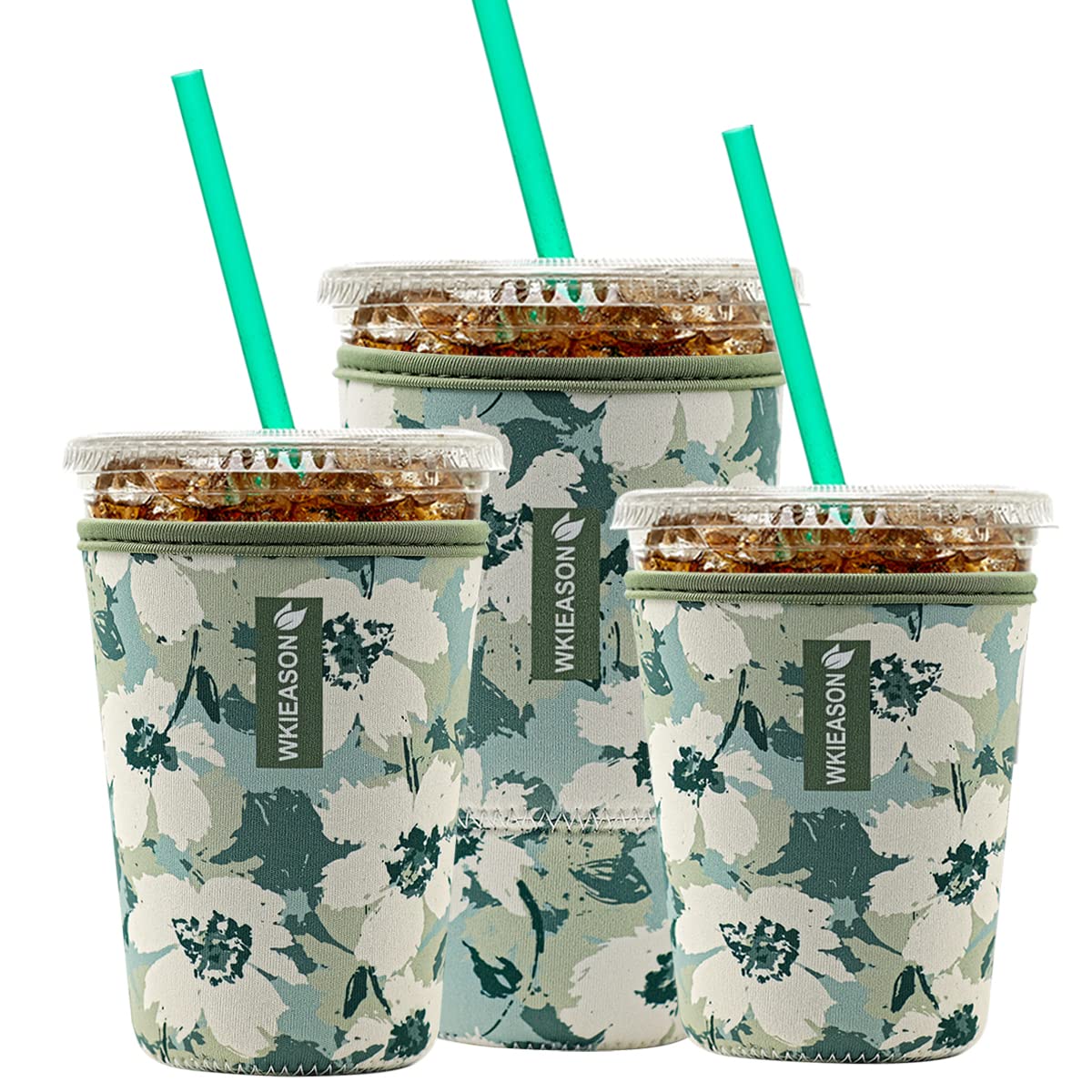 reusable iced coffee cup sleeve insulator for cold beverages and neoprene cold coffee cup sleeves cooler cover 16-32oz for coffee cups mcdonalds dunkin donuts morefloral green