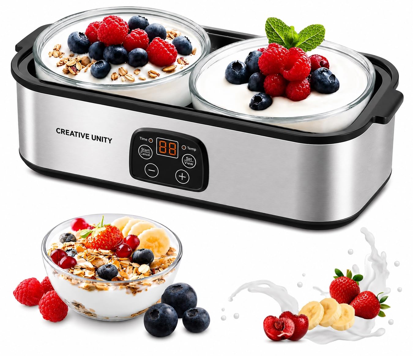 CREATIVE UNITY Electric Automatic Probiotic Greek Yogurt Maker with Adjustable Time & Temperature Control, Stainless Steel Yogurt Making Machine for Homemade Yogurt Dessert Yogurt, Curd-image-3