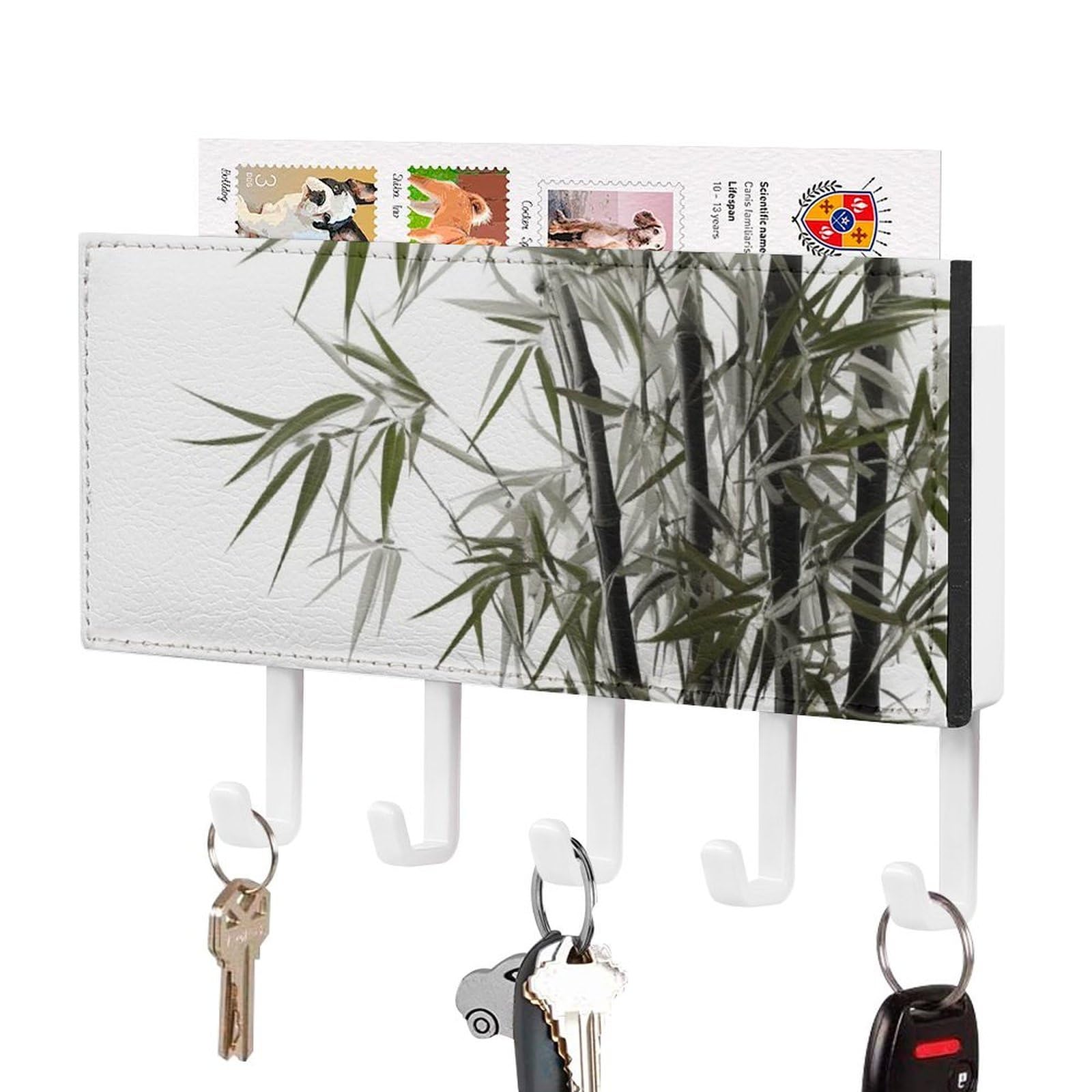 DWVTSLH Asian Key Holder for Wall, Decorative Key Hooks with Mail Organizer & 5 Hooks, Self Adhesive Leather Key Hanger for Entryway, Wall Mounted Key Rack (7.1” X 4.3” X 0.9”)