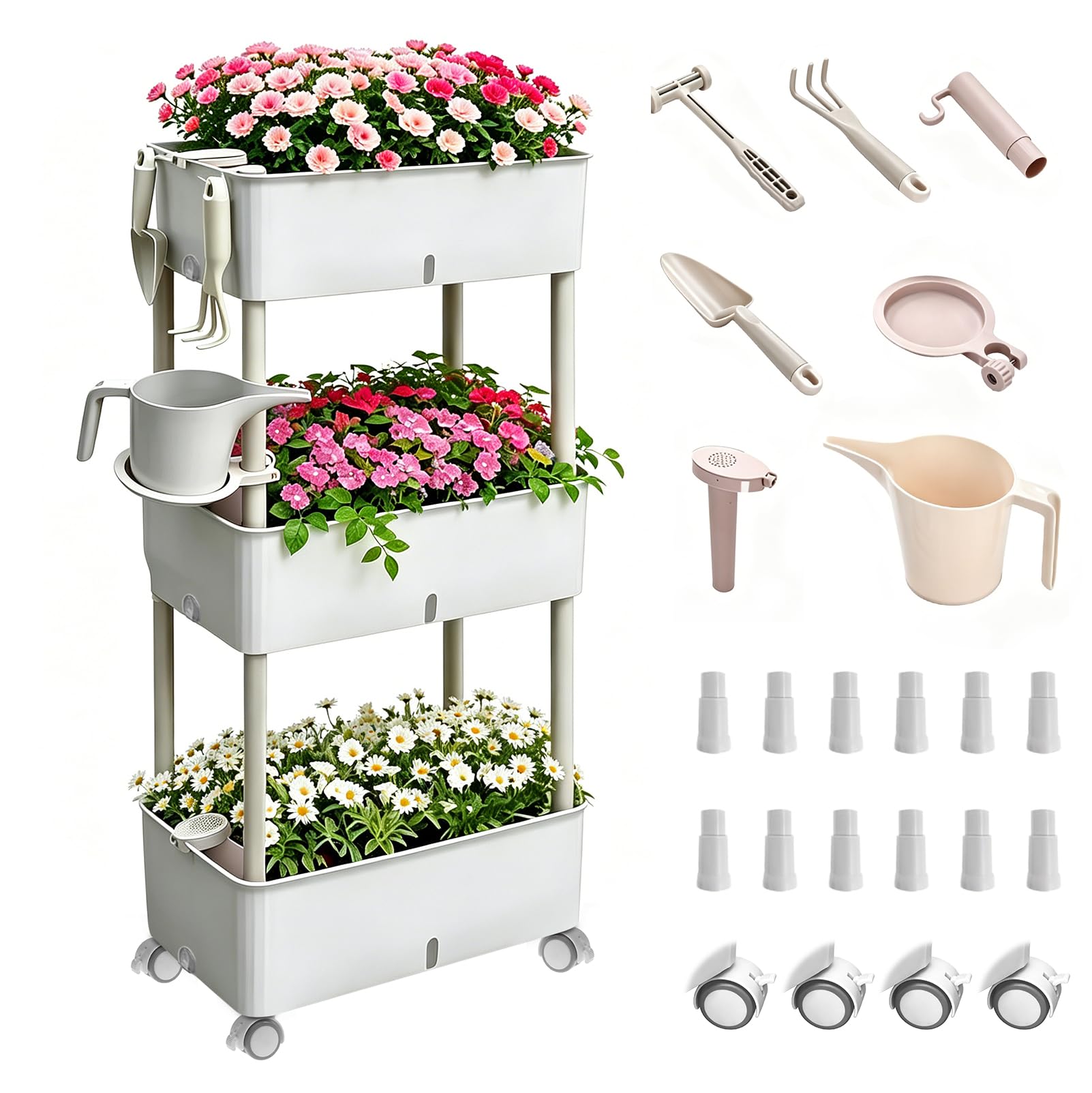 Jardinière surélevée avec roues - Jardinière à 3 étages - En plastique | 118,5 x 46,6 x 25,5 cm, étagère, jardinière avec crochet et roulettes, pour balcon, jardin, terrasse