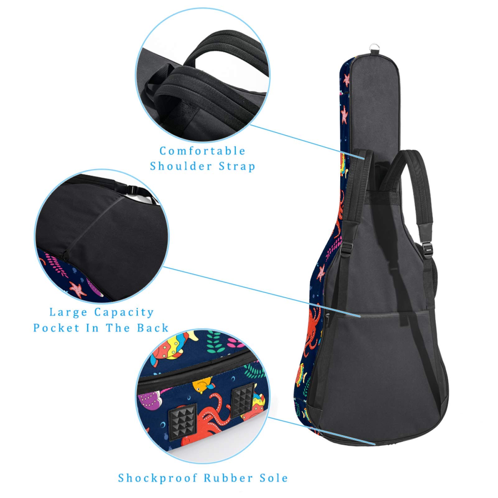 Gitarrentasche mit Reißverschluss, wasserdicht, weich, für Bassgitarre, Akustik- und klassische Folk-Gitarre, Ocean Life Qualle, Octopus Seetang, Marineblau