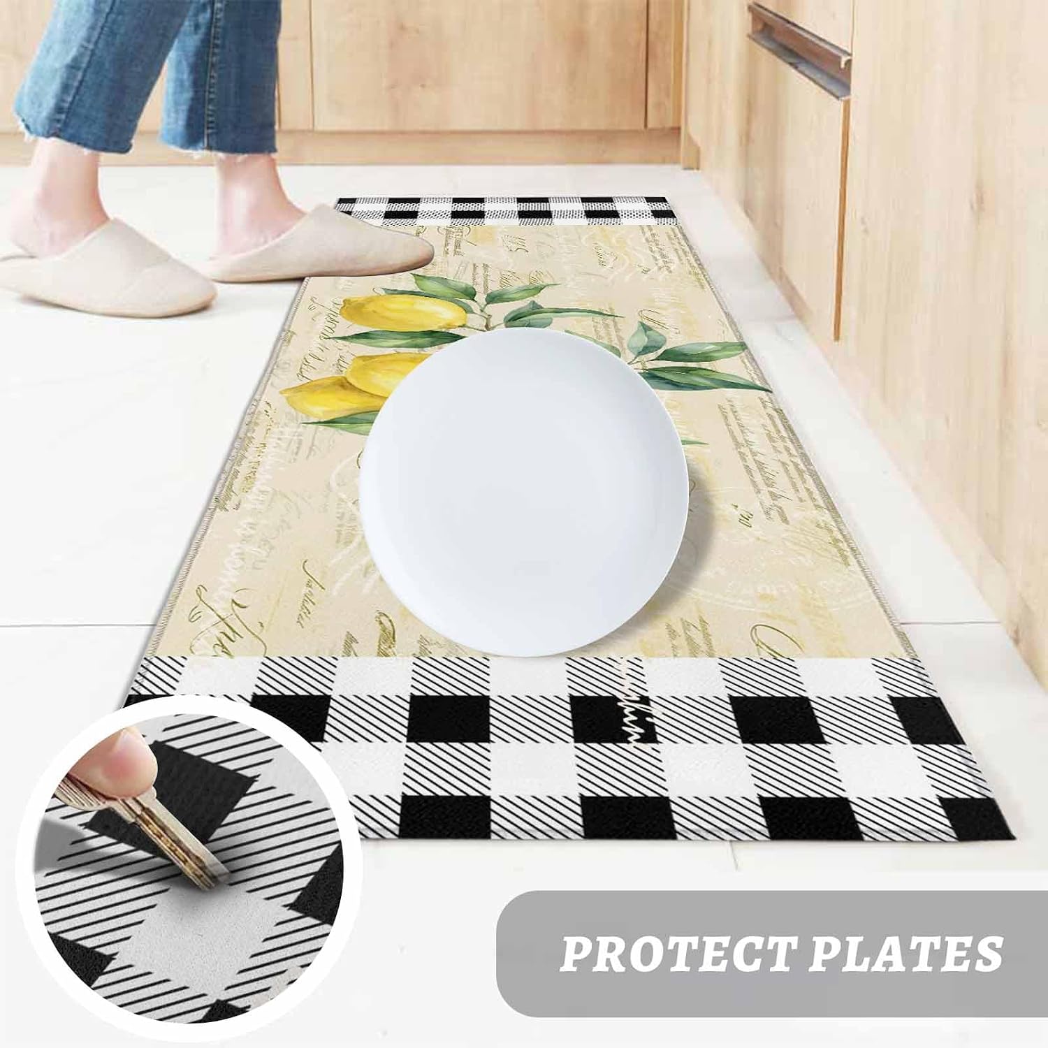 Teamery Kitchen Mats for Floor Summer Fruit Lemon on Retro Paper Washable Non Slip Kitchen Rugs 1PCS, White Black Plaid Absorbent Standing Mats for Sink Bathroom Office Living Room 23.6x70.9in