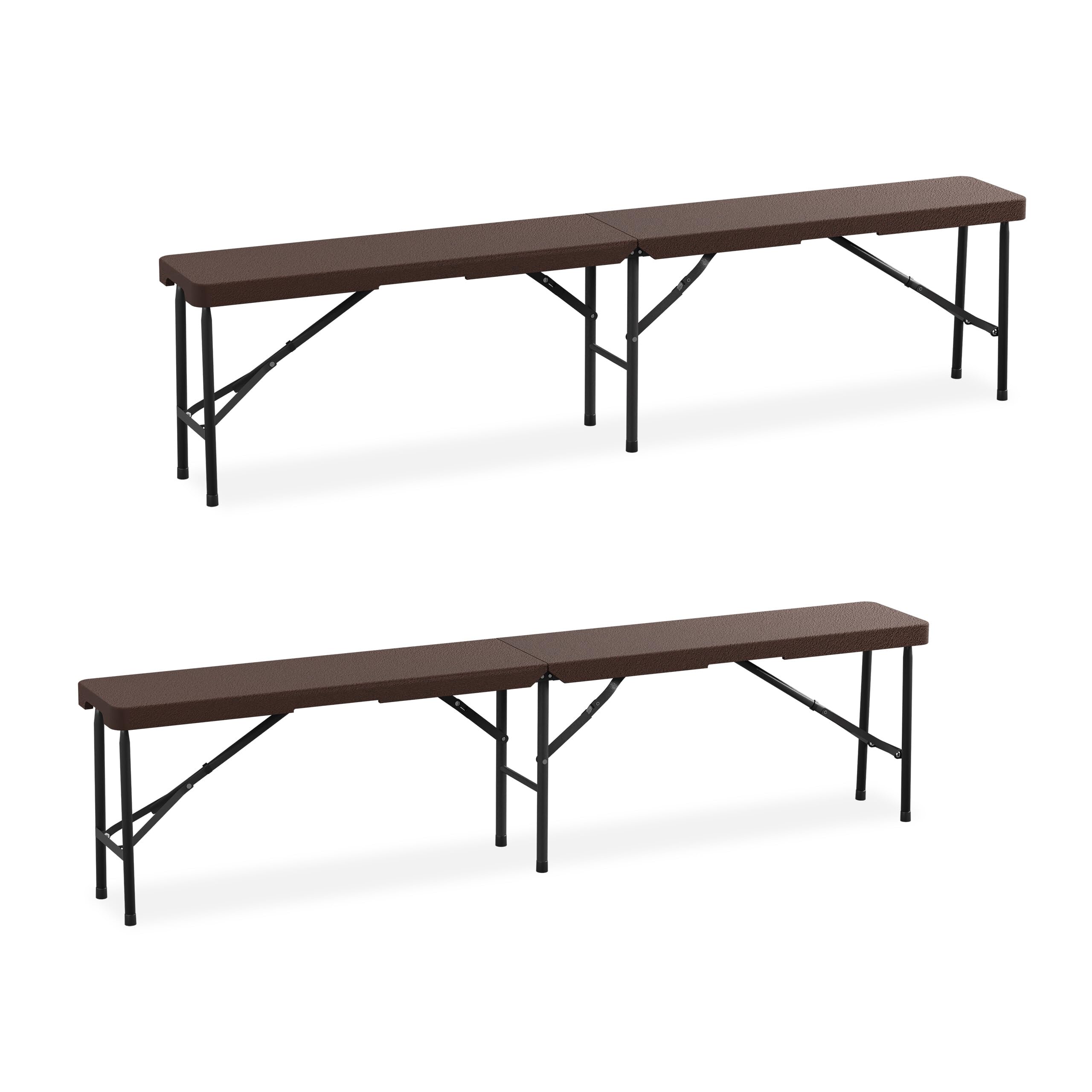 Relaxdays Banc Pliable, Lot de 2, Acier et Plastique, pour Jardin, terrasse, Camping, HLP : 43x180x25 cm, Marron