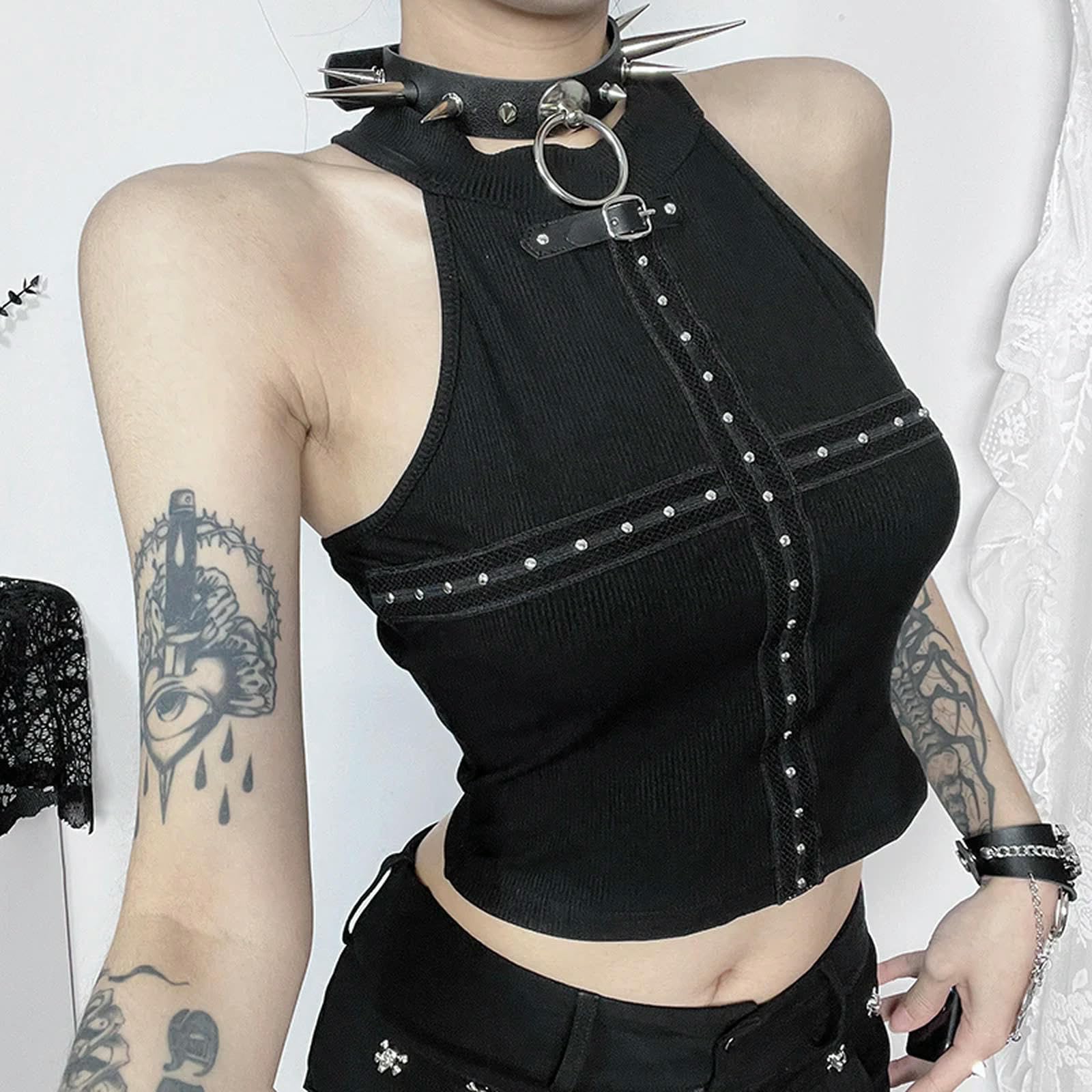 Débardeur Punk Noir Streetwear Tricot Été Ténèbres Réservoirs Femmes Hauts sans Manches-Noir-M
