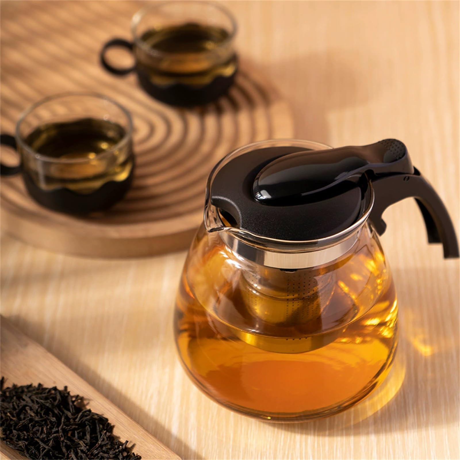 Tetera de Cristal Tetera de vidrio de 1100 ml con tapa de un toque, colador de acero inoxidable, separador de agua de té, juego de tetera individual