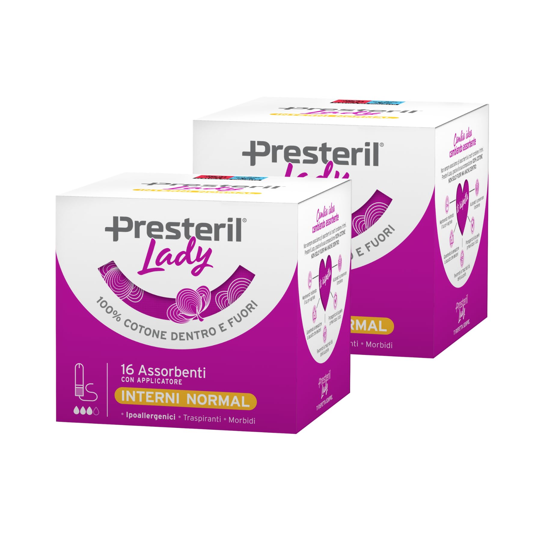 Presteril Lady Assorbenti Interni Normal - 100% Cotone Ipoallergenico con Applicatore, Traspiranti e Delicati, Formato Bipack, 32 Tamponi (16+16 pezzi)