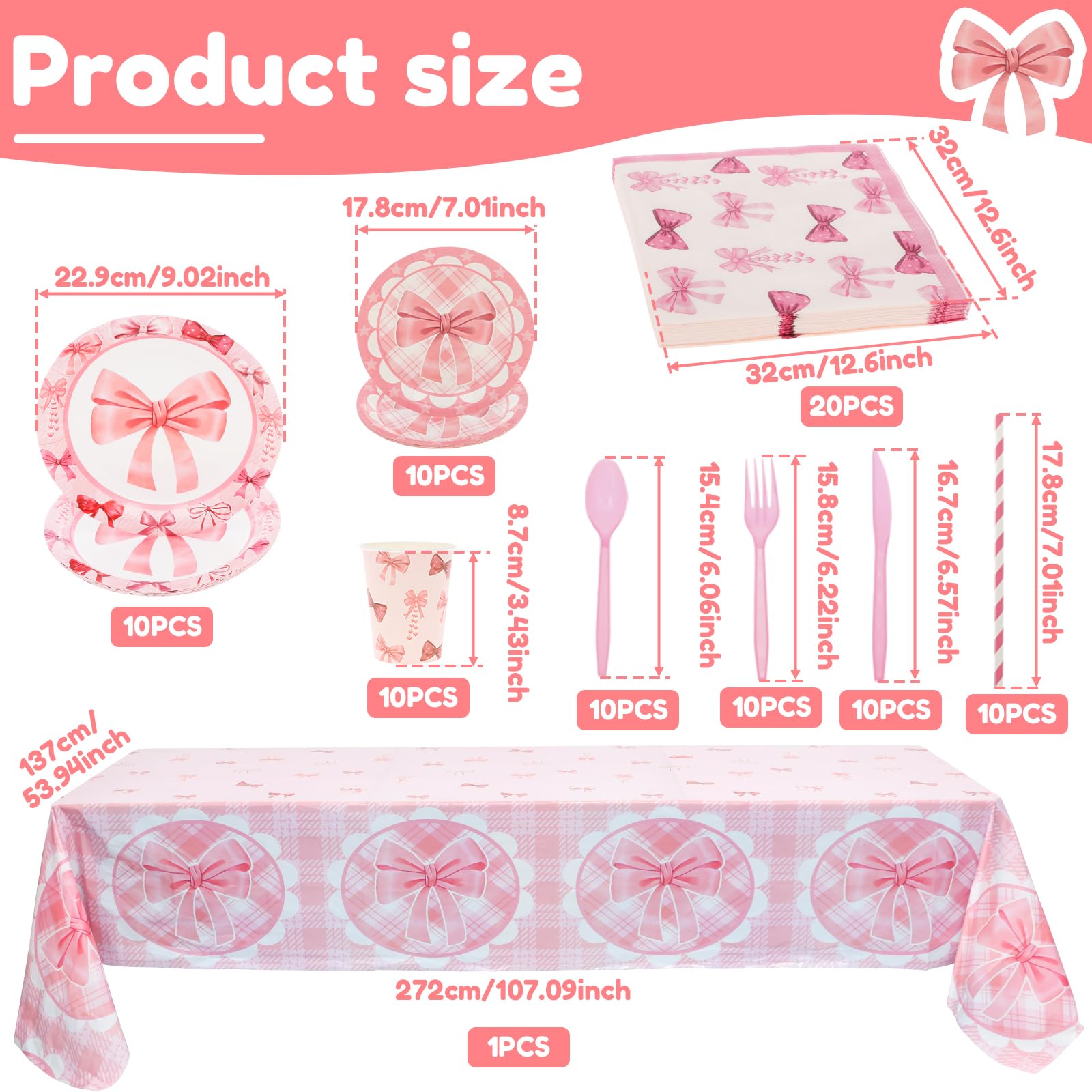 Pink Bow Birthday Party Supplies Serve 10, Coquette Birthday Decorations Includes Bow Banner, Tablecloth, Plates, Napkins, Cups, Straws, Knife and Fork, Pink Party Supplies for Girls Party