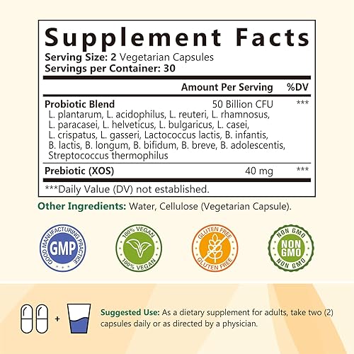 Miniatura 2 de Probióticos 50 mil millones por porción, 18 cepas probióticas, 60 cápsulas vegetarianas, sin OMG, sin gluten