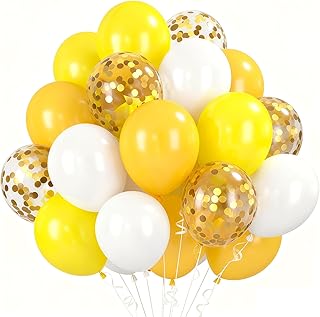 60 Stück Latex Ballons Gelb Weiß Goldflocken, 12 Zoll Luftballons Set für Geburtstag Hochzeit Deko, Senfgelb & Mattgelb Ballons für Prinzessinnen-Party, Mädchenfest