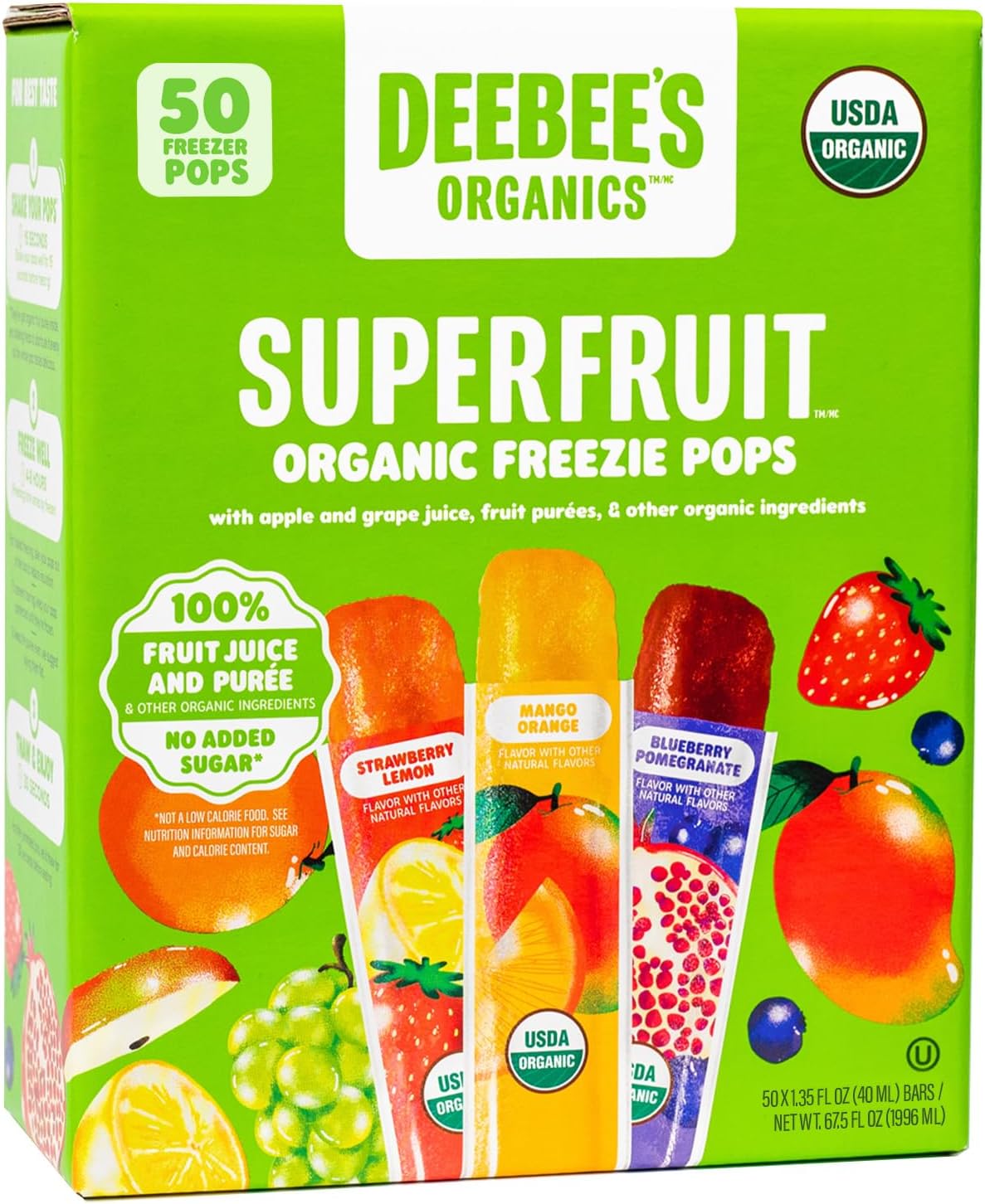 Organics Classic SuperFruit Freezie Pops, No Added Sugars, No Artificial Flavors or Colors (Pack of 50)