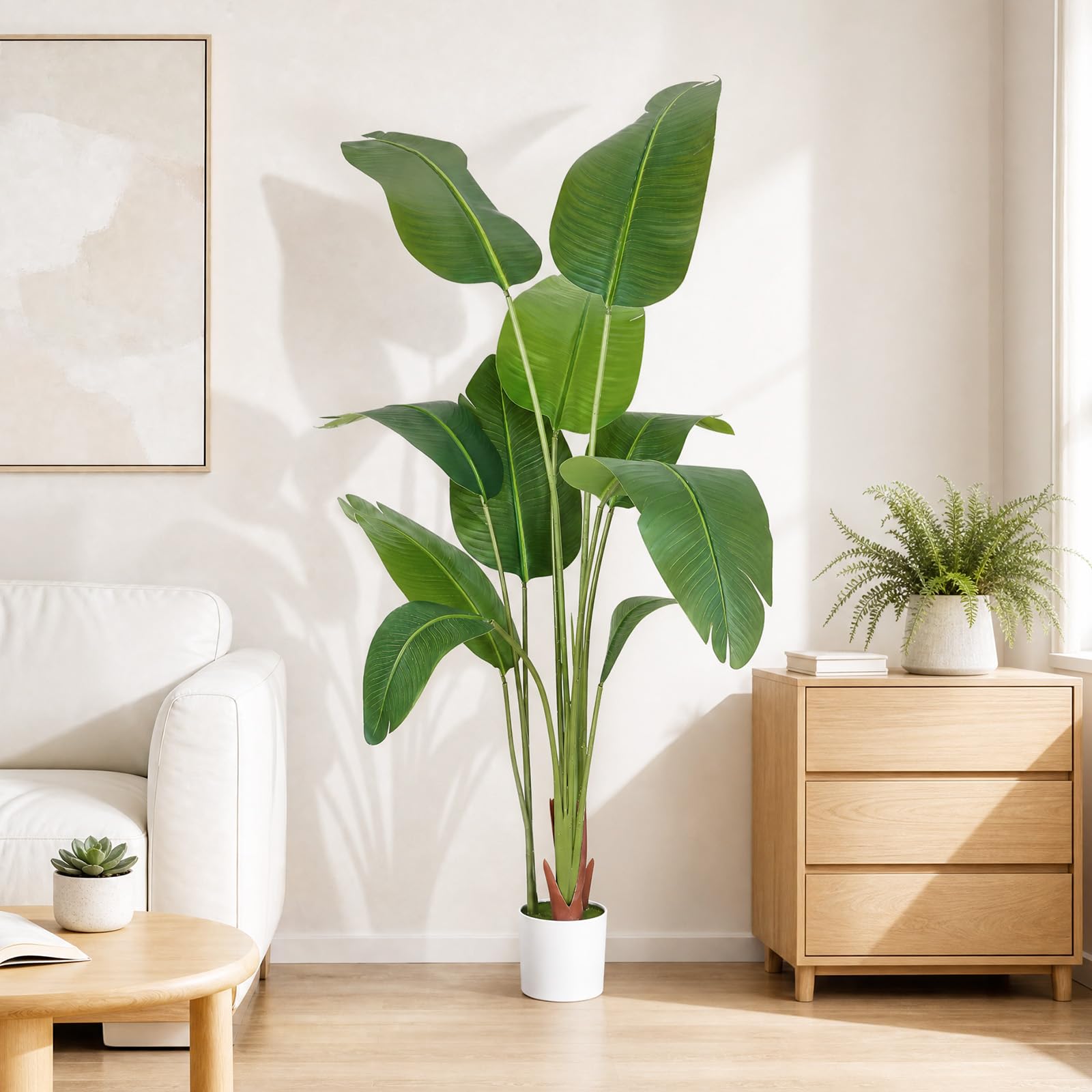 Oiseau de paradis artificiel - 150 cm - Grand bananier tropical artificiel avec 10 feuilles - Plantes artificielles comme de vraies plantes avec pot blanc - Pour décoration de chambre, bureau, chambre