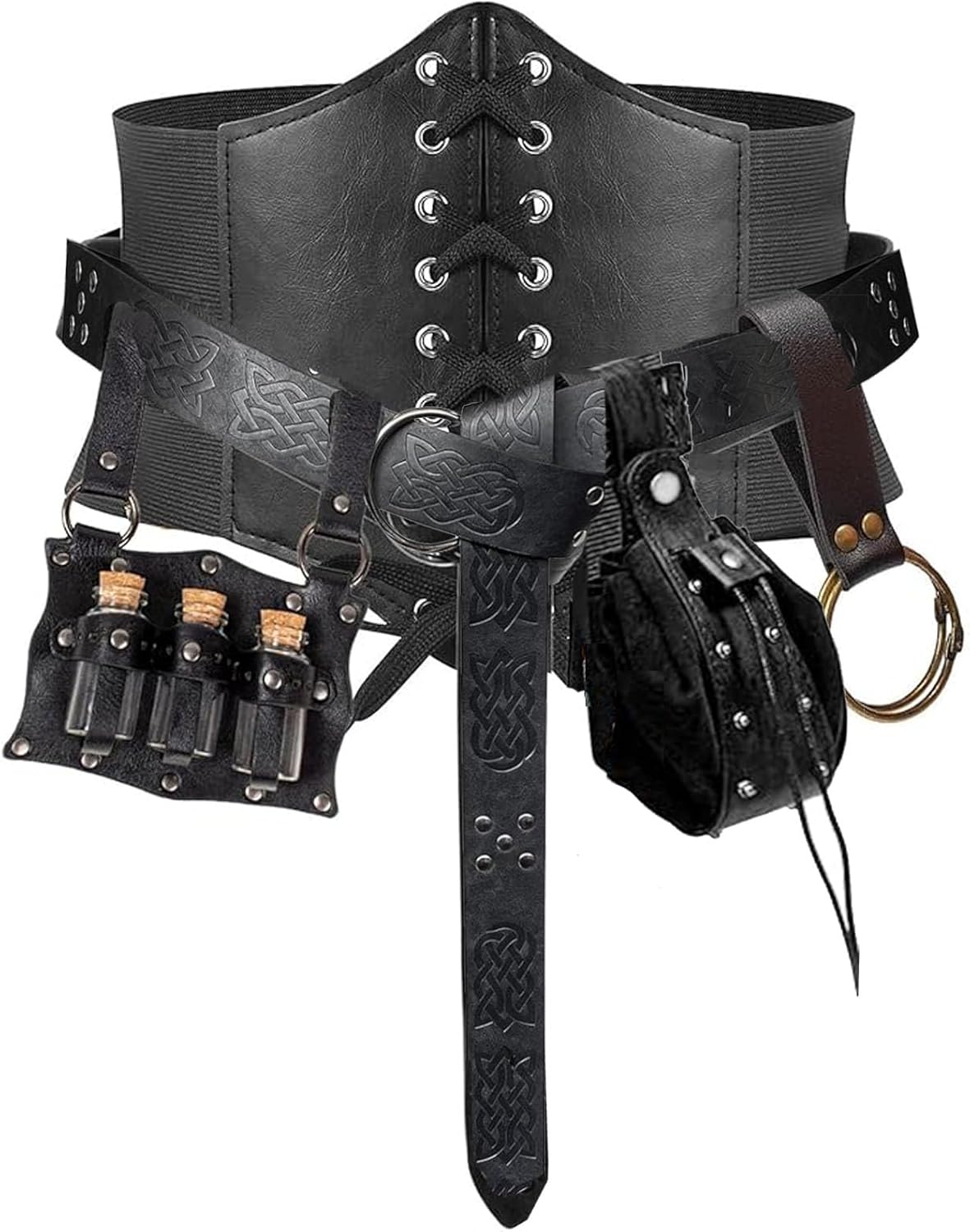 SUMGOGO 5PCS Renaissance Costume Corset Belt Pouch Potion Bottle Vila Sword Frog Hook Medieval Festival Halloween Accessory