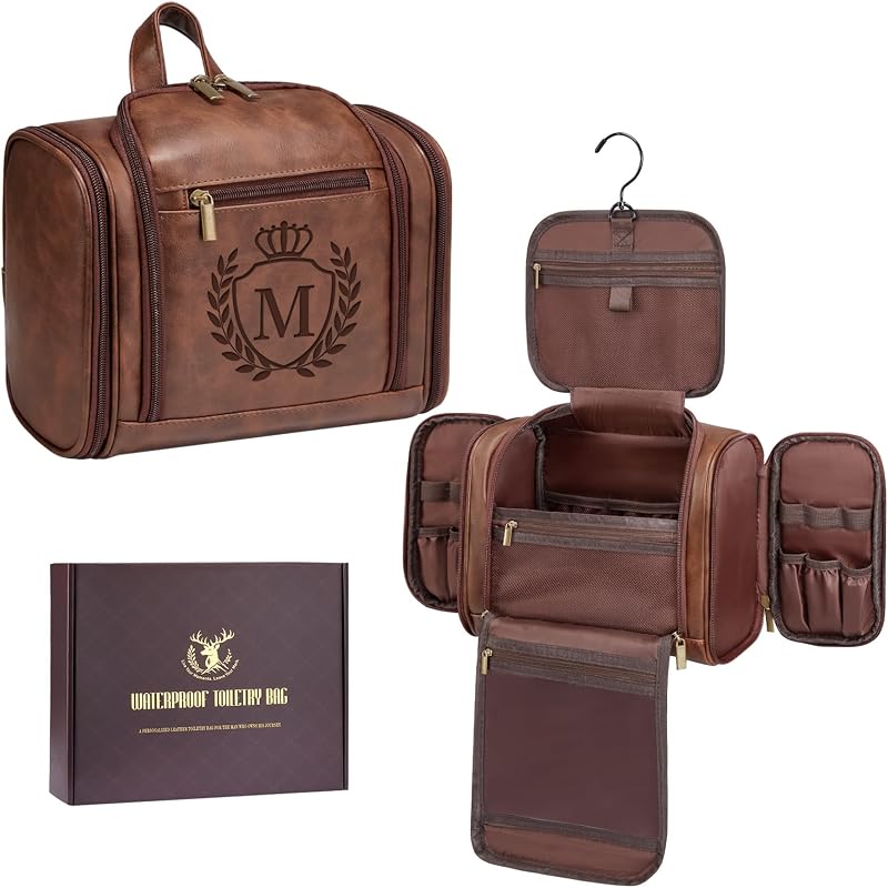 Necessaire de viagem personalizada Aganmi para homens, tamanho M, marrom-caramelo, com alça para pendurar