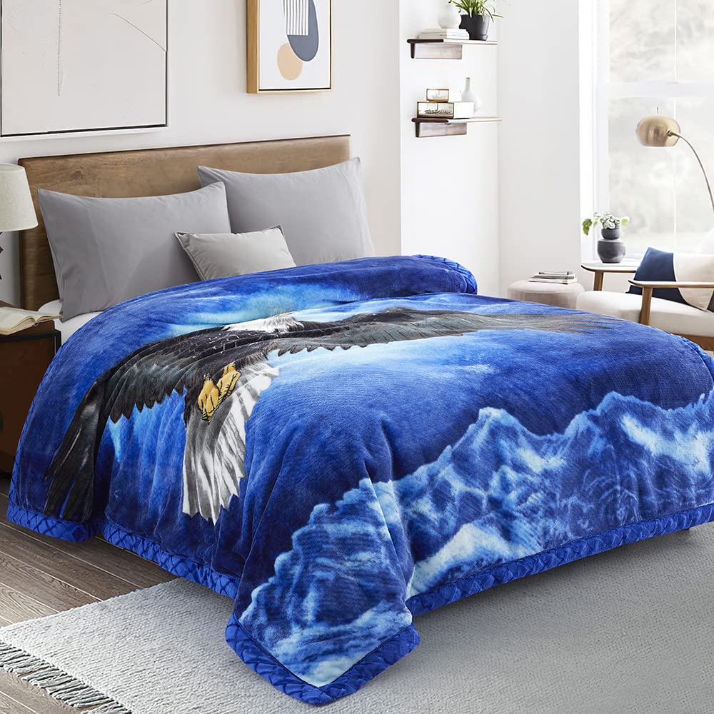 Marina Decoration Reversible 8 LB Oversized Heavy Woven Fluffy Plush Soft Warm Korean Style Mink 2 Ply Rich Printed Animal Flannel Fleece Throw Raschel Blanket, 78 x 86 Inch Bald Eagle Dolphin