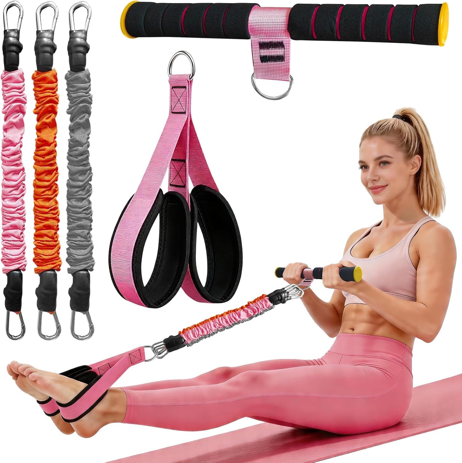 Upgraded Durable Pedal Resistance Band with Padded Handle, 3 Tubes 20/30/40LBS Bands for Abdomen, Waist, Arm, Core/ABS, Legs, Glutes Workout - Sit Up Exercise Equipment for Women