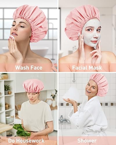 Miniatura 7 de Aquior Gorros de ducha, reutilizables, de dos capas, impermeable, para mujeres, gorro de ducha para cabello largo y grueso, para todas las