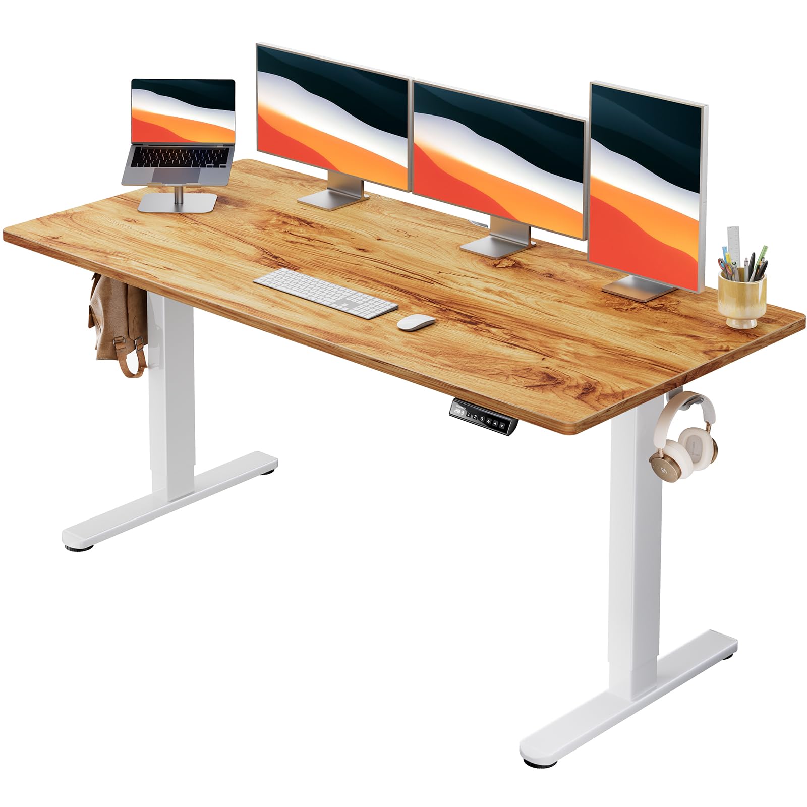HUANUO Electric Standing Desks, 60" x 24" Whole Piece Desktop, Adjustable Height Computer Desk, 4 Height Memory Settings, Sit Stand Up Desk for Home Office, Light Vintage