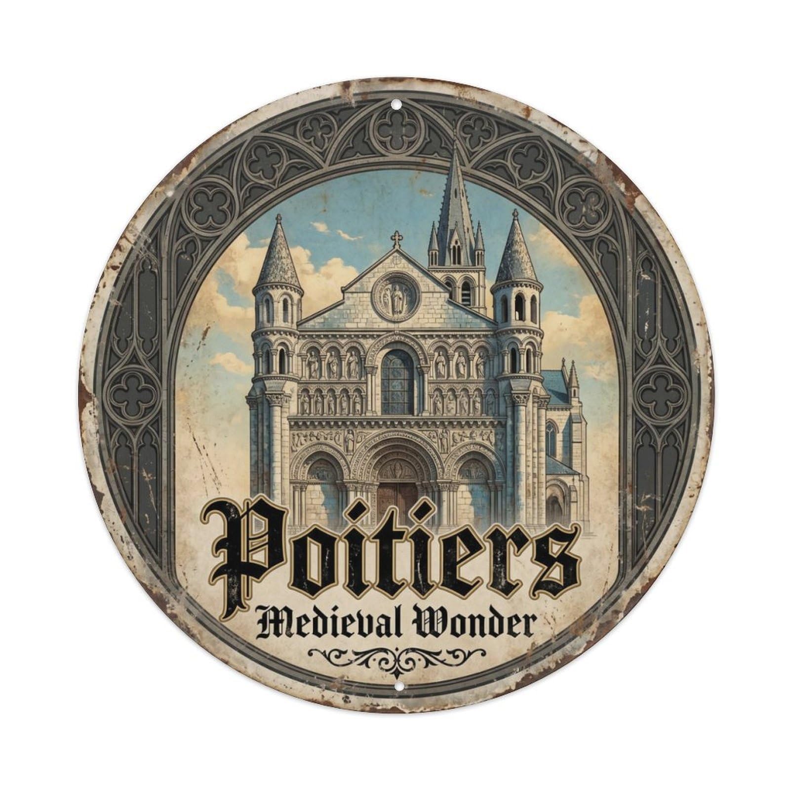 Fqcyn Style Vintage Travel Poitiers France Cathedral Metal Tin Sign Plaque Wall Decor For Cafe, Club Bar, Office, Home Garden Round Metal Poster 8X8inch