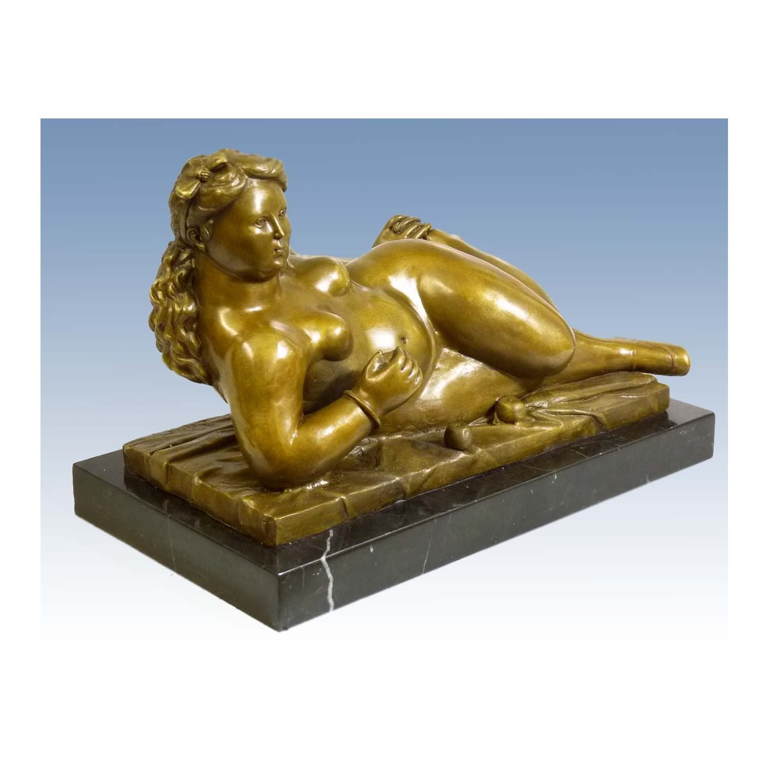 Kunst & Ambiente Liegende Frau mit Äpfeln - Fernando Botero - signiert - Akt Skulptur - Wohndeko - Künstler Figur in Bronze - Bronzefigur