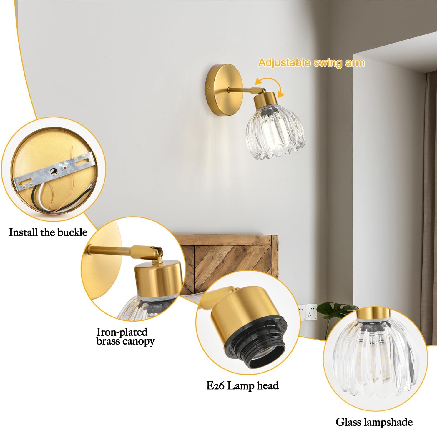 Wall Sconces Vintage Fixture Light, Vanity Lights for Bathroom, Modern Wall Light Fixtures, Metal Sconces Wall Lighting with Glass Shade, Farmhouse Wall Lamp for Bedroom Living Room