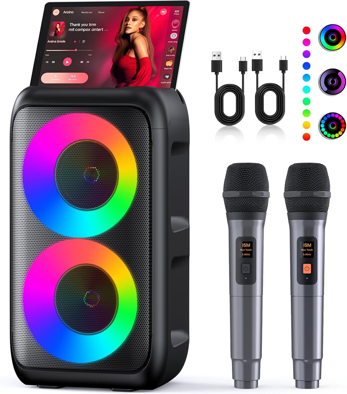 Karaoke Machine Portable Bluetooth Speaker with 2 Wireless Microphones and PA System for Home Party and Stage