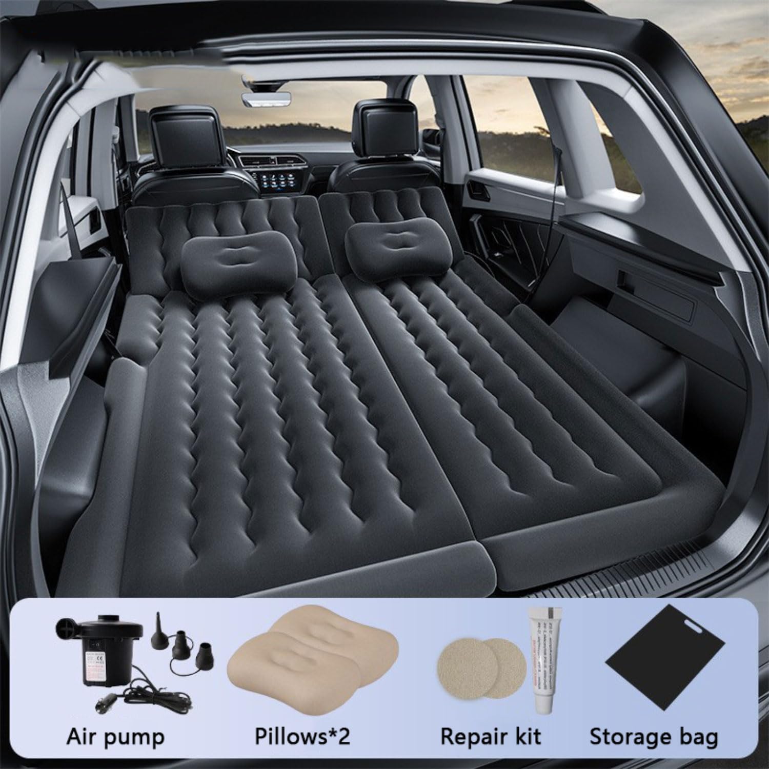 Nadmuchiwany materac do samochodu typu SUV z pompką powietrza i 2 poduszkami, przenośny, dwustronny, grubszy materac do samochodu, łóżko dmuchane na podróż, kemping, do aktywności na świeżym