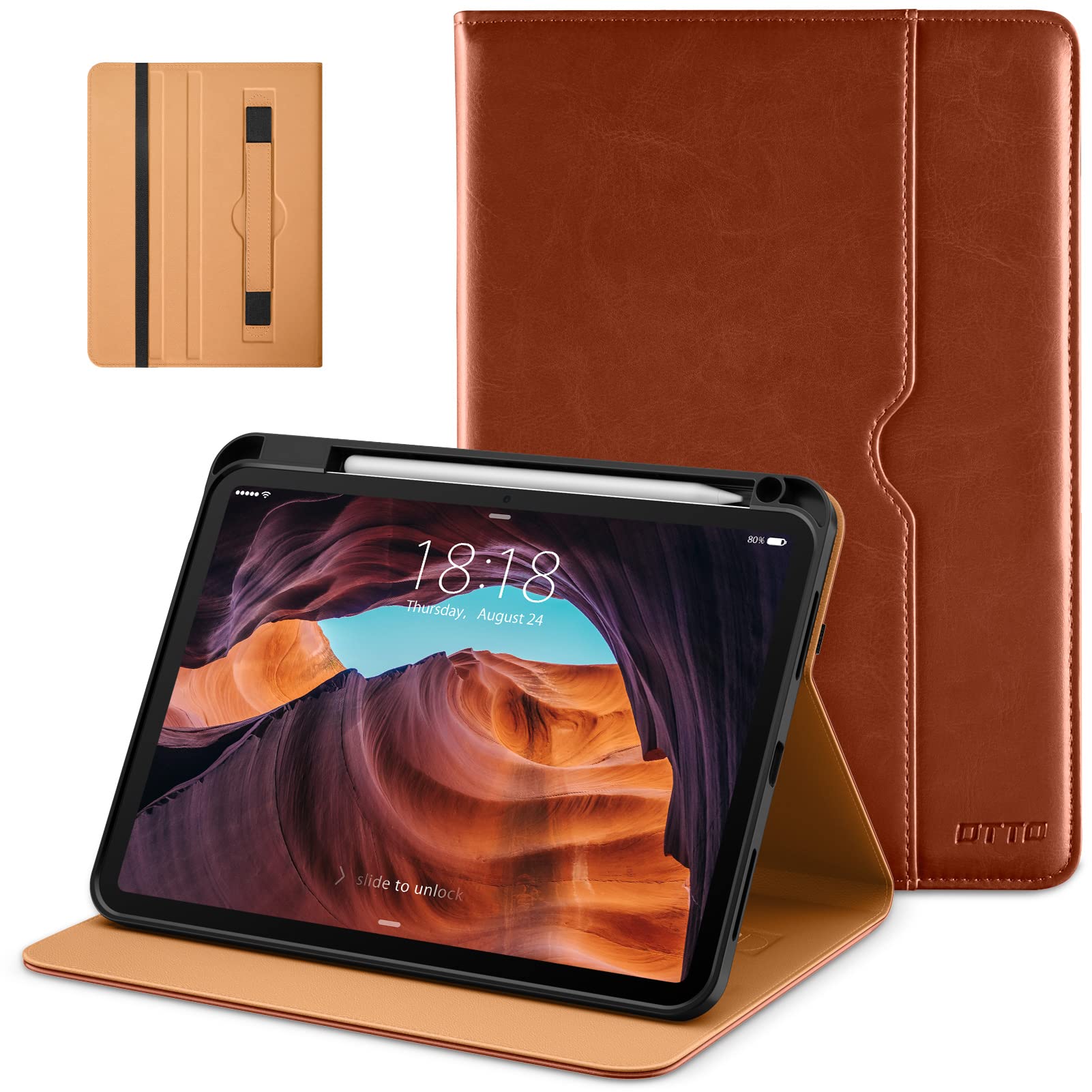 DTTO iPad 10th Generation Case 10.9 Inch 2022, Premium Leather Business Folio Stand Cover with Pencil Holder - Auto Wake/Sleep and Multiple Viewing Angles, Brown