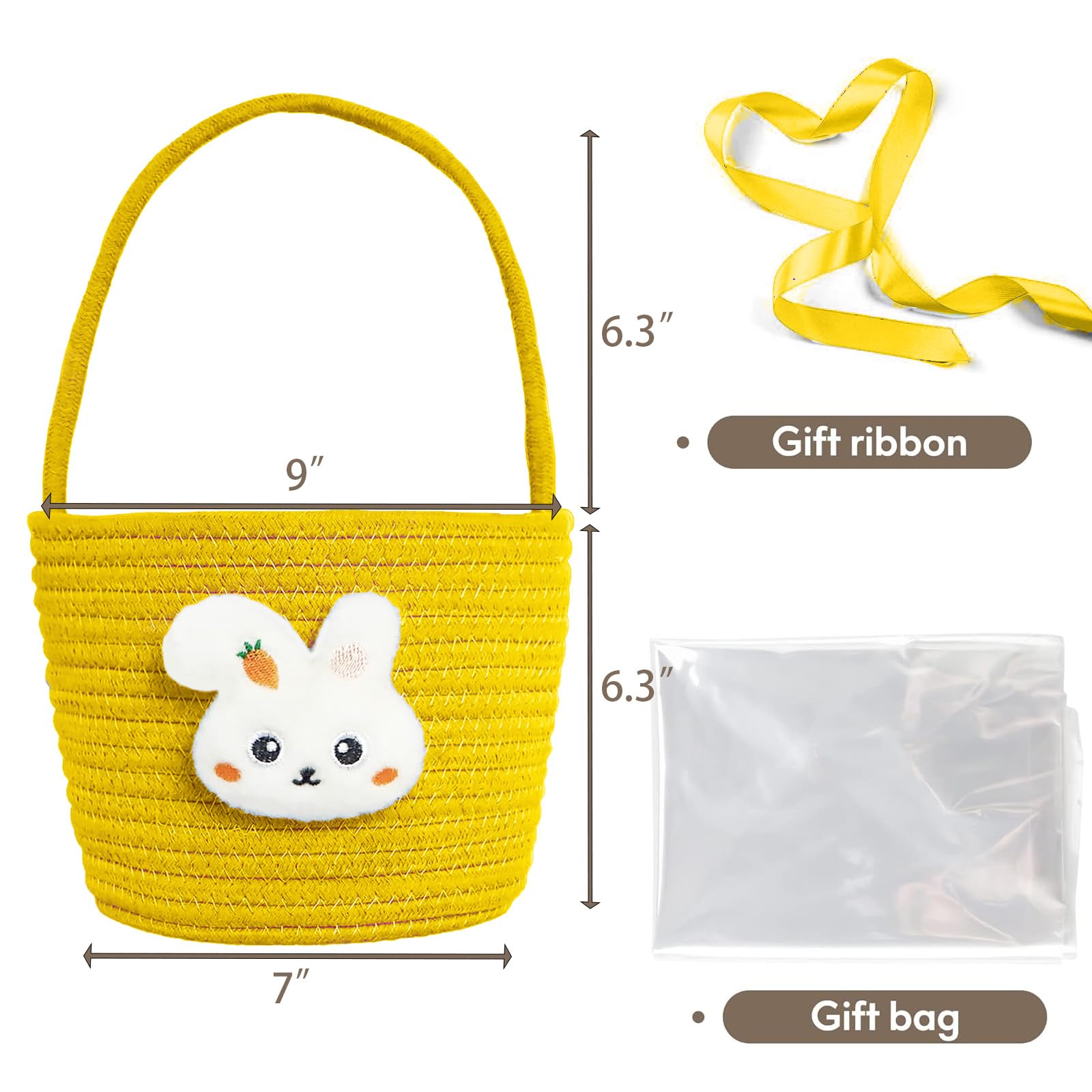 Oster-Geschenkkorb leer mit Geschenktüten und Bändern, Osterhasenkorb, Baby-Geschenkkorb, kleine gewebte Seilkörbe zum Organisieren, Korb zum Verschenken, Aufbewahrungskorb, Behälter, Gelb