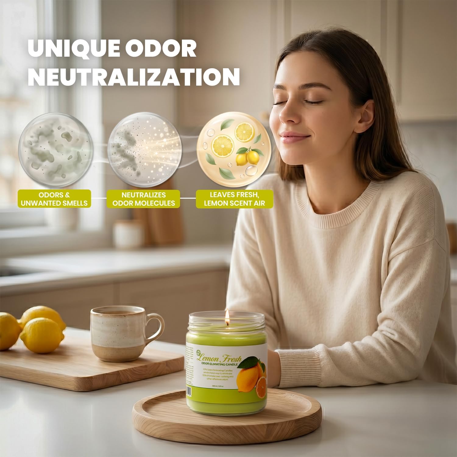 Candle Set Odor Eliminating – 2 Pack - 12oz – Long-Lasting Soy Wax Candles – Neutralizes Pet, Kitchen & Smoke Odors – Clean Burn, Eco-Friendly, Aromatherapy Candle (Lemon Fresh)