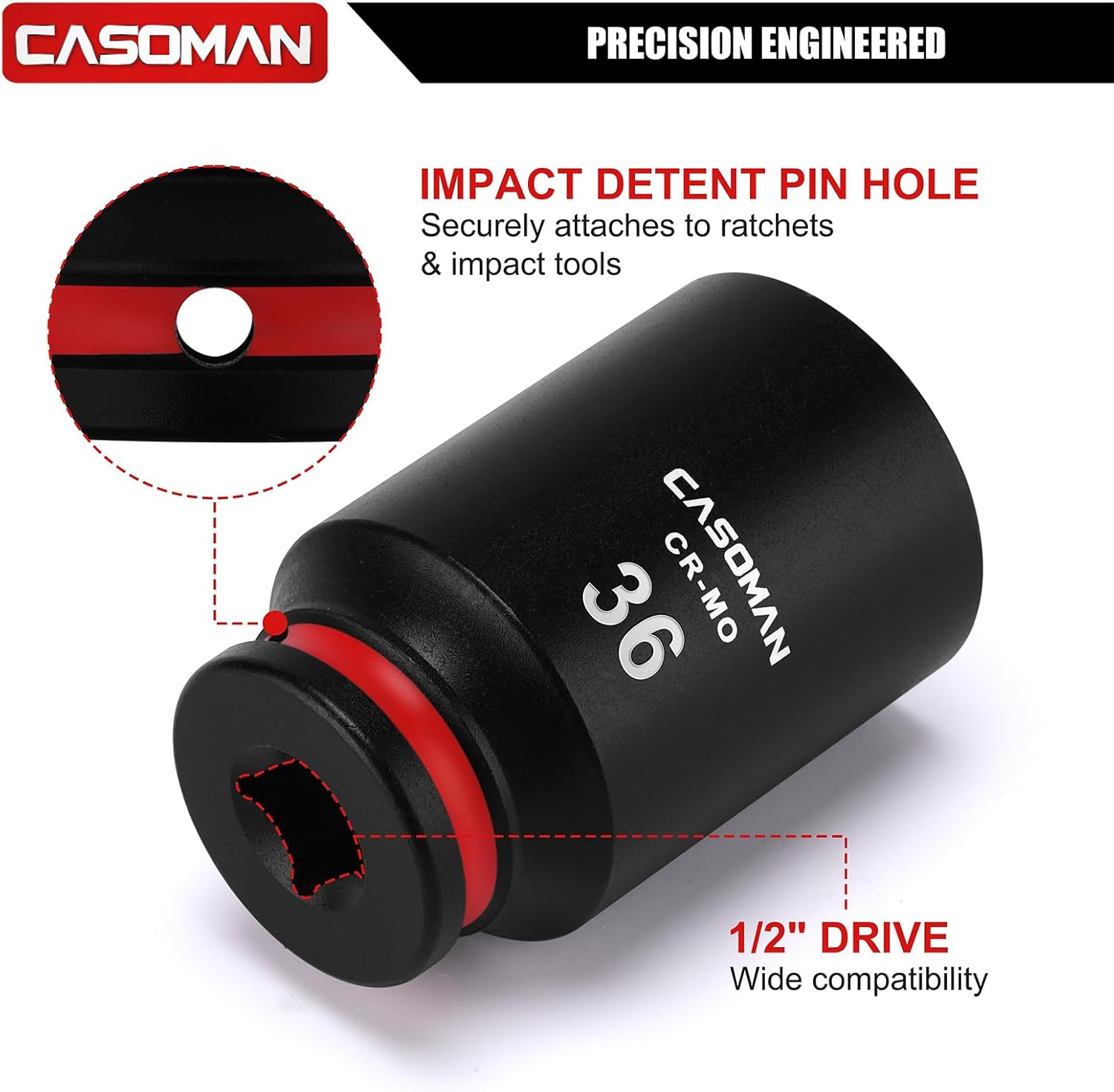 CASOMAN 1/2" Drive x 36mm Deep Impact Socket, 6-Point, Metric, CR-MO