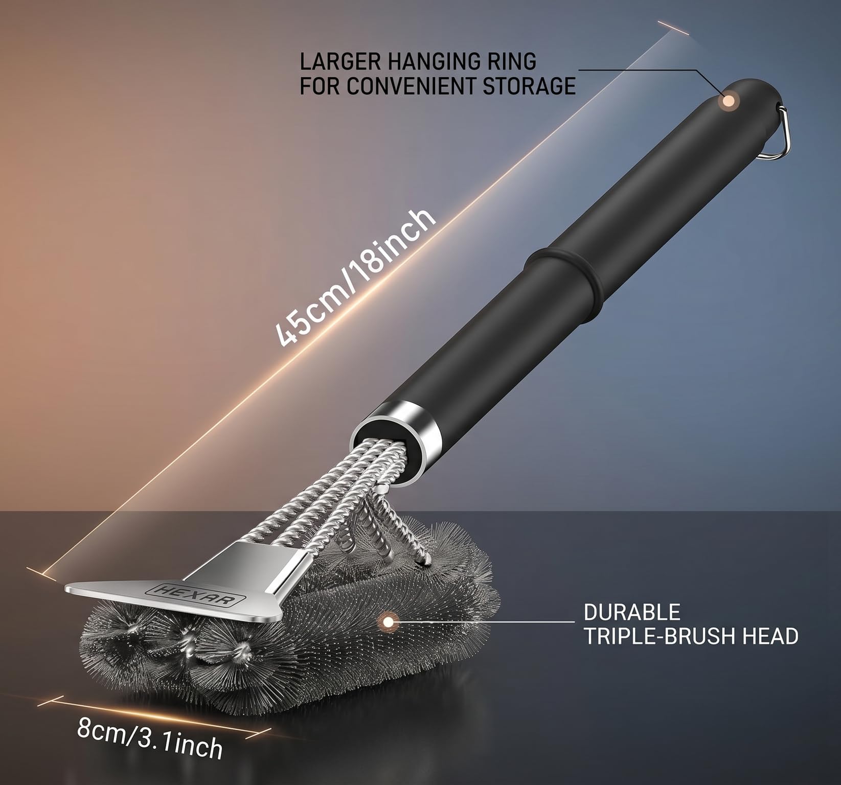 HEXAR Grillbürste, Barbecue Grill Reinigungsbürste Kombination aus Bürste mit Schaber, BBQ Reinigungsbürste mit Edelstahlborsten und extra langem PP-Griff