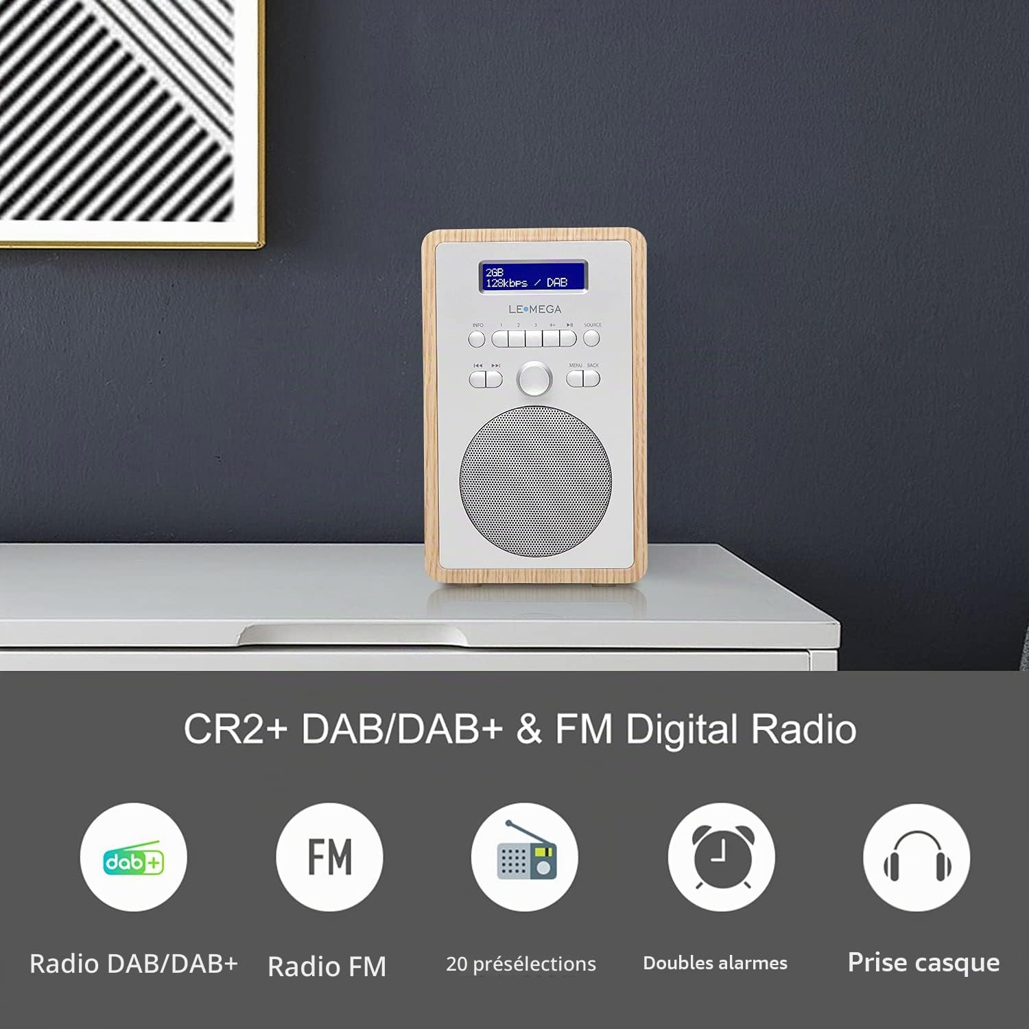 LEMEGA CR2 + Radio numérique Dab/Dab+/FM, boîte en Bois,Double Alarme et Horloge, Veille/répétition,20 Stations préréglées,Casque de Musique,Adaptateur Secteur — Weiße Eiche Finition Chêne