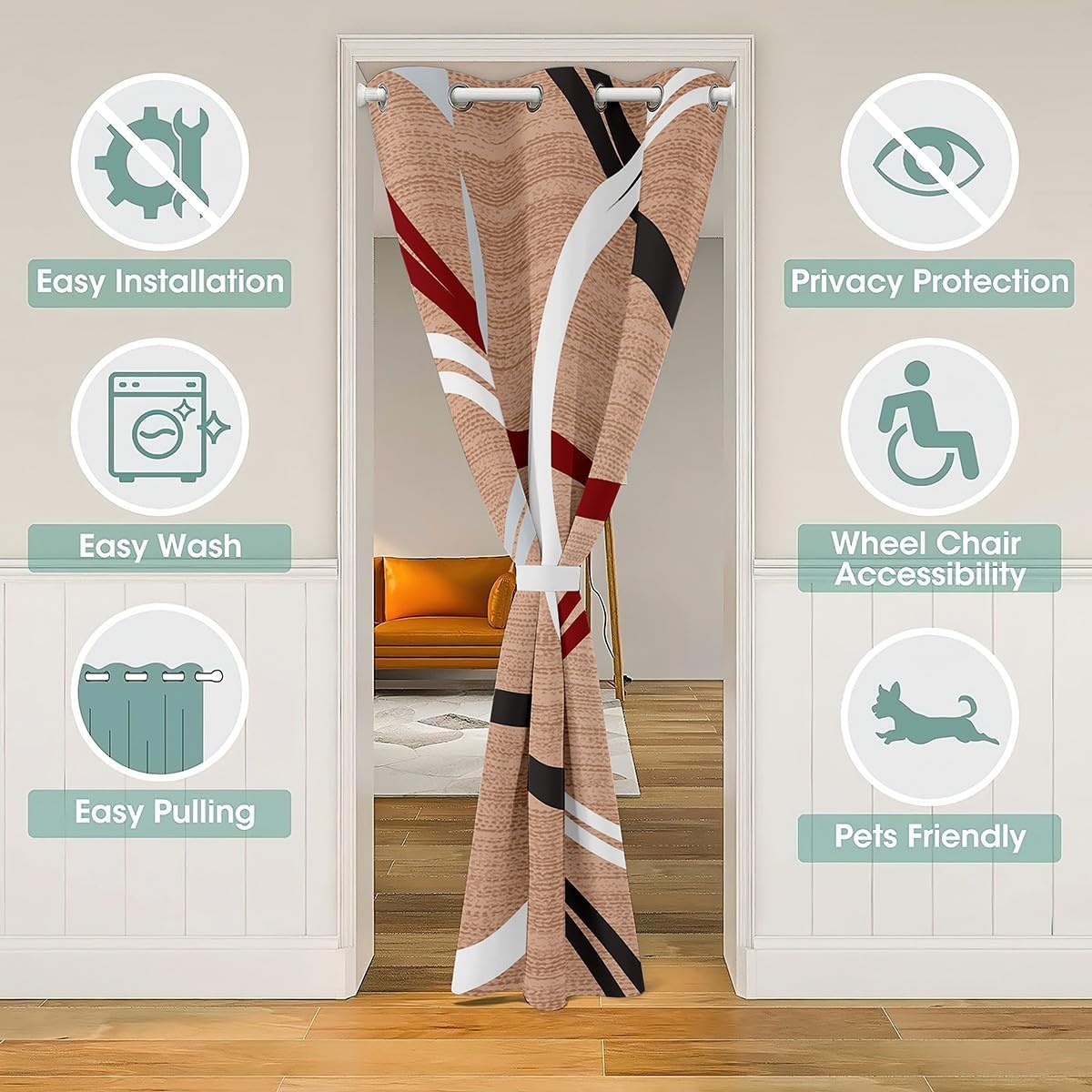 Abstract Circles Door Curtain 1 Panel 60" W X 80" L Geometric Modern Lines Pattern Print Doorway Curtain for Closet Door Wooden Stripes Simple Style Door Drape for Bedroom Privacy