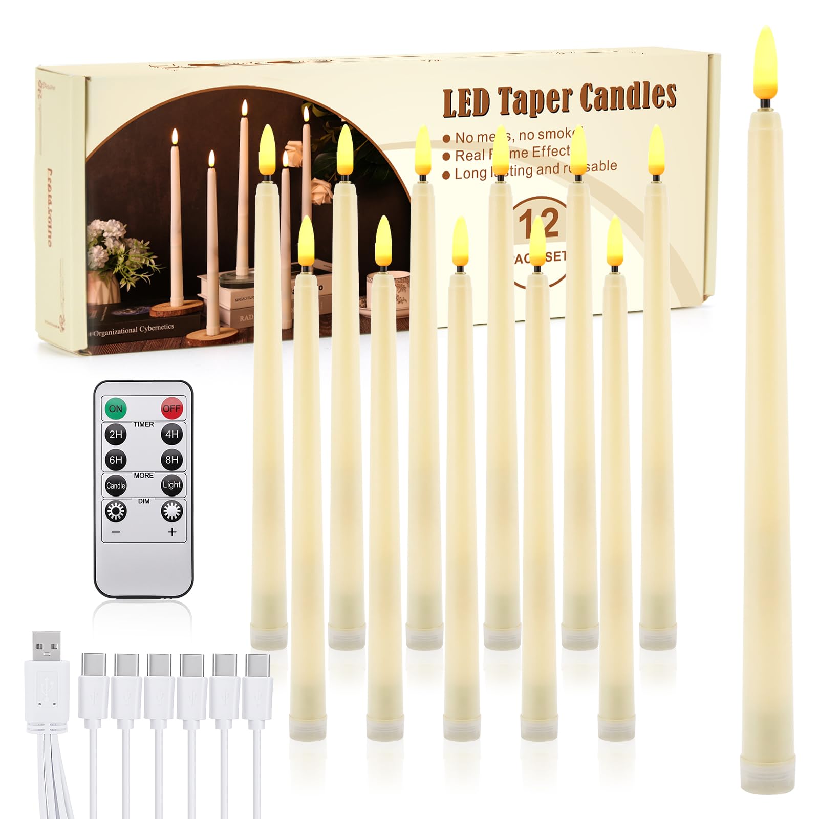 IMAGE Lot de 12 bougies coniques rechargeables sans flamme, mèche 3D ivoire avec minuteur à distance, ligne de pêche de 99,1 m, bougies LED vacillantes pour décoration de Noël, maison, mariage