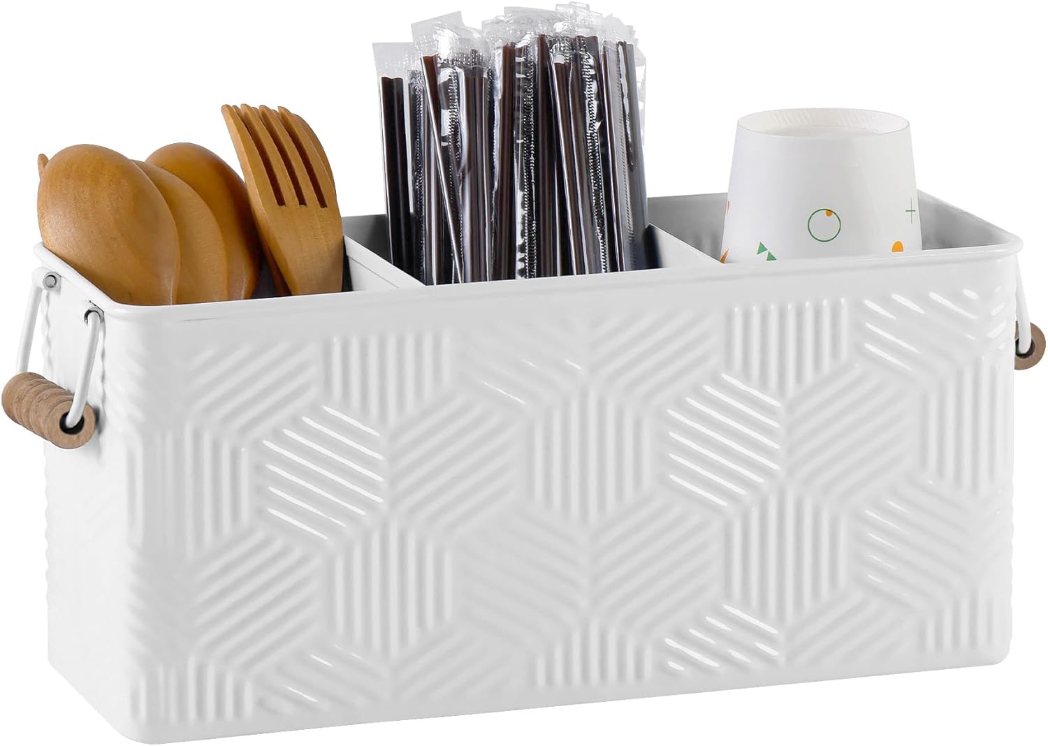 Silverware Caddy for Party Kitchen Flatware Holder for Countertop Metal White Hexagon Stripe Pattern Embossed Cutlery Organizer with 3 Compartments for Utensils, Spoons, Knives, Forks