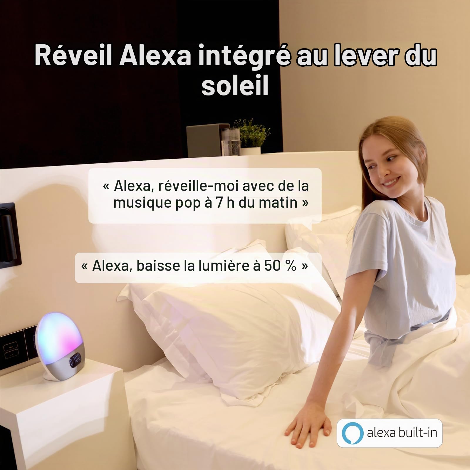 WiiM Lampe d'éveil, Alexa intégrée, Choix de Sons illimités, réveil Matin Tout-en-Un, Machine à Sons, routines de Sommeil et Plus (Argent Poli)