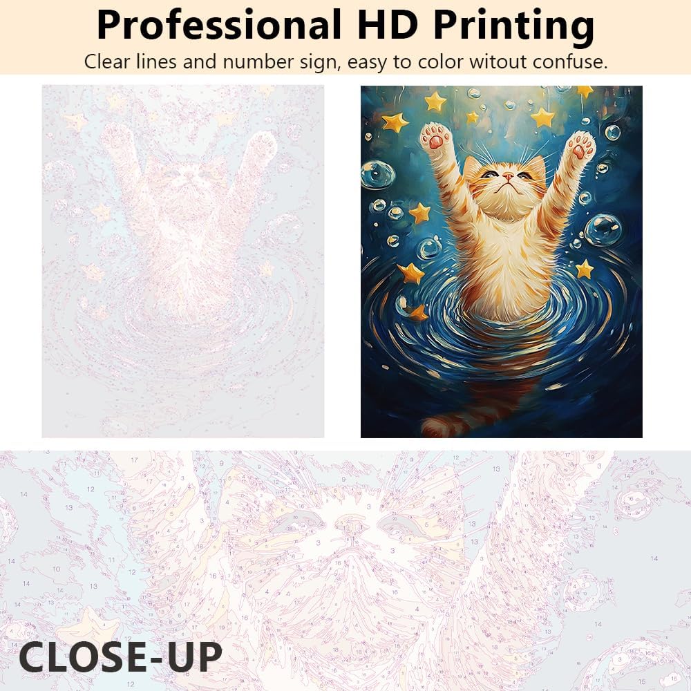 DIY Paint by Numbers Kit for Adults, Orange Cat Paint by Numbers Kit, Funny Cat Adult Paint by Number Kits Canvas Arts Floating Bubbles and Glowing Stars Crafts for Home Decor 16x20inch with Frame