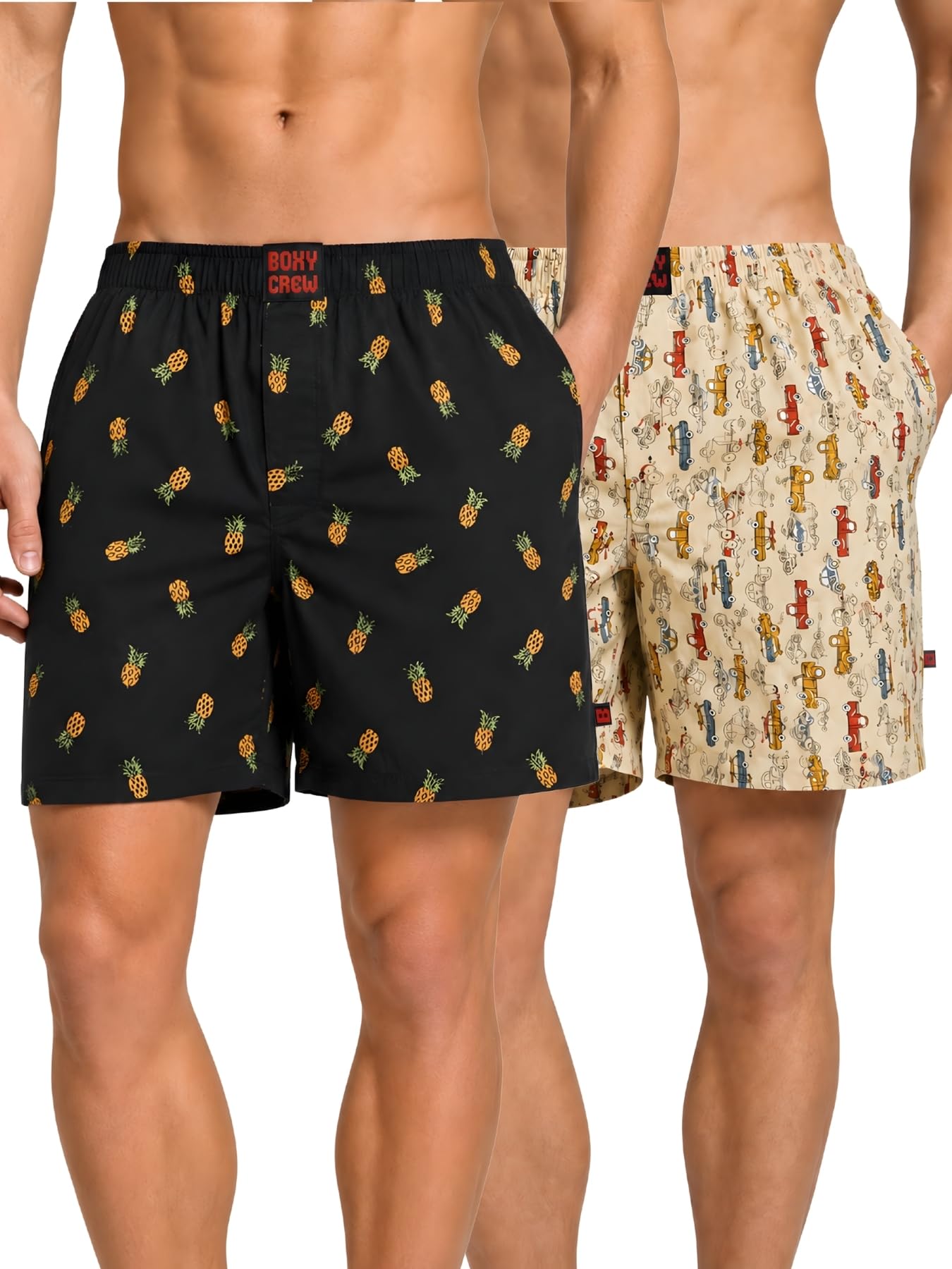 boxy crew Men Boxer Shorts Pack of 2, 100% Cotton Woven Boxers, Charcoal & Beige, Printed Designs, Dual Side Pockets, No-Marks Inner Elastic Waistband, Relaxed Fit Lounge & Sleep Shorts-picture-12