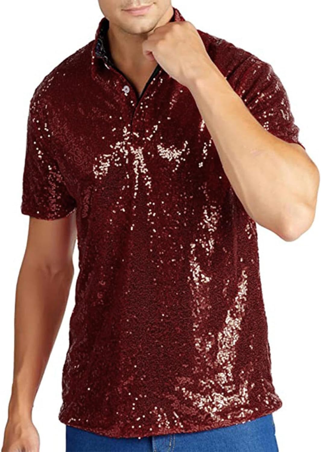 Men Sparkle Sequins Shirt Vintage Button Down Short Sleeve Shirts 70s Disco Party Costume Club Rave Top