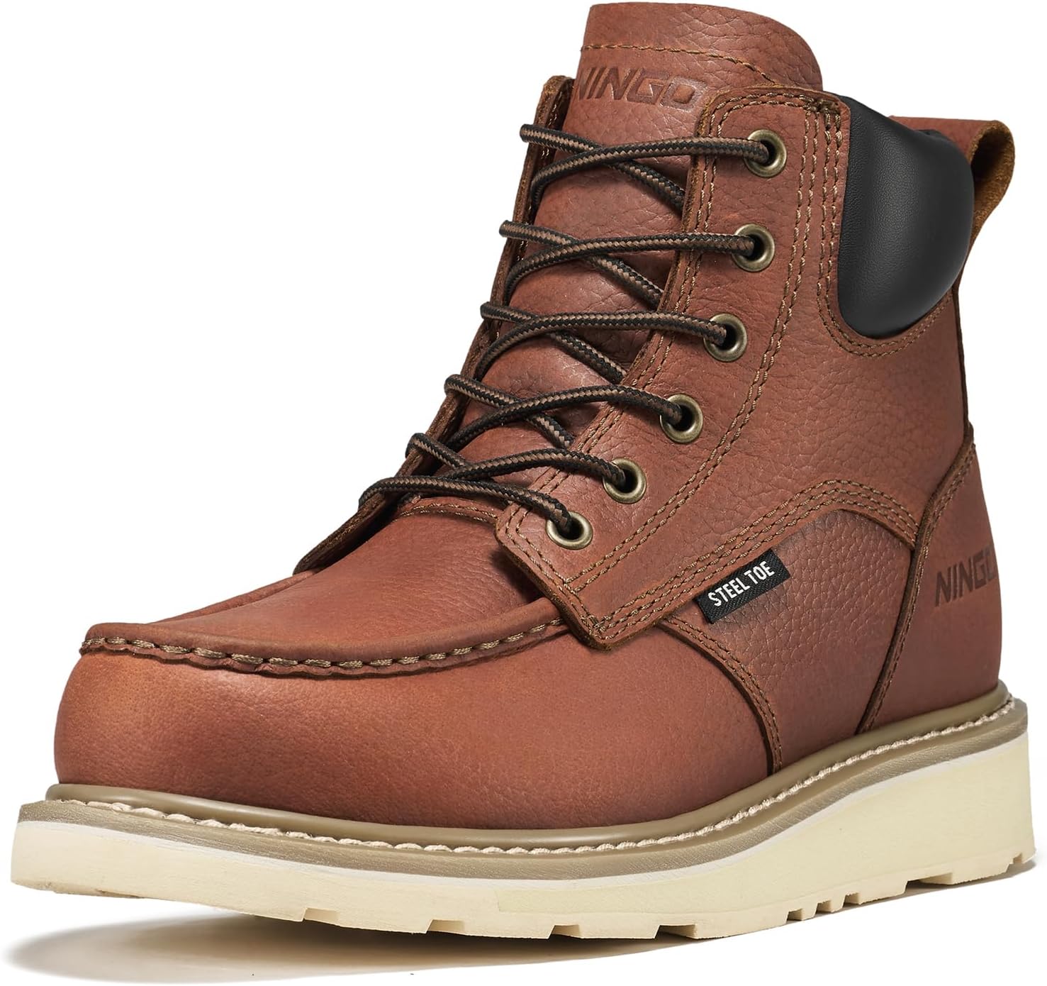 NINGO Steel Toe Boots for Men, Non Slip Mens Moc Toe Boots with Water Resistant Full Grain Leather, EH Rated Oil Resistant Wedge Sole, Comfortable Safety Work Boot for Construction Industrial, Brown