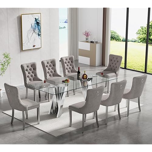 SSLine Modern 9-Piece Glass Dining Table Set for 8 Luxury Silver Glass Kitchen Table and Chair Set for 8 Elegant 70" Large Dining Room Table with 8 Grey Tufted Chairs with Stainless Steel Base