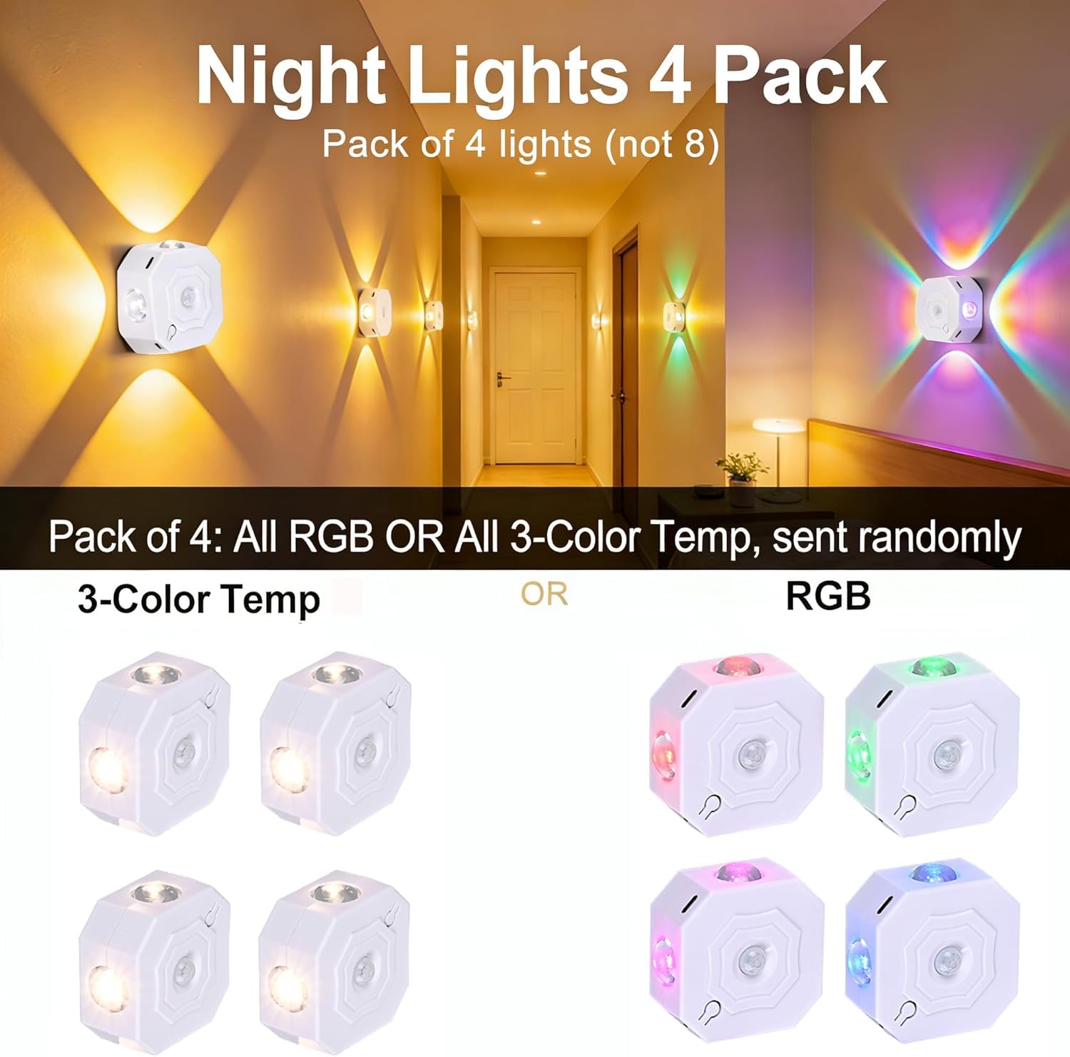 OOWOKS Luce notturna a LED con sensore di movimento 4 pezzi ricaricabile illuminazione per scale senza alimentazione elettrica, 2700K bianco caldo + RGB con cambio colore e 3 modalità (Auto/ON/OFF)