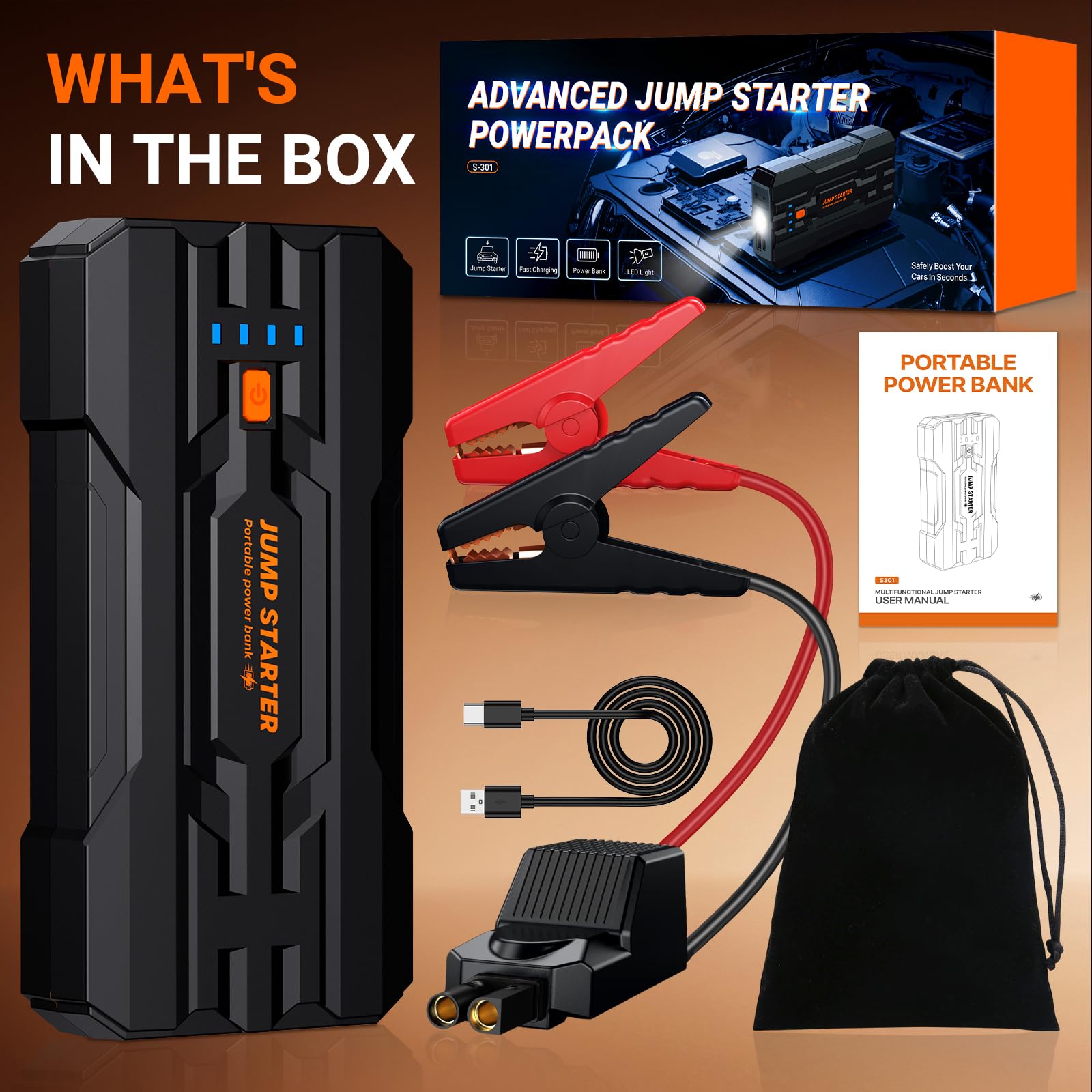 JDMCAR Jump Starter Power Pack - 4000A Portable Car Battery Booster Jump Starter for 12V Vehicles and Motorcycles,Car Accessories Power Bank with Jump leads and LED Light,Upgrade — view 9